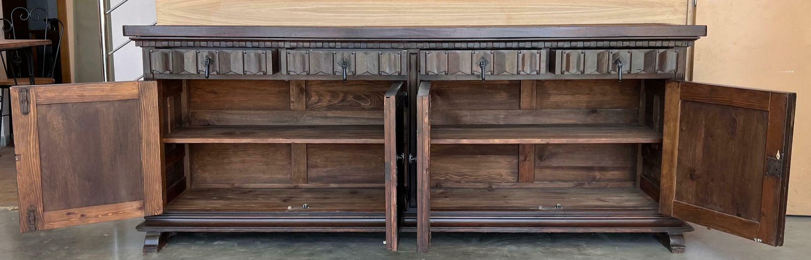 Large 20th Century Catalan Spanish Baroque Carved Walnut Tuscan Credenza Or Buff photo vintage