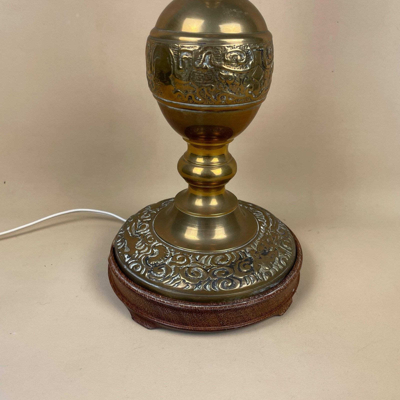 Vintage Brass Gold Lamp Oriental Asian Antique Large Ornate Round Wood Base Table Lamp Desk Light Bedside Old photo for sale