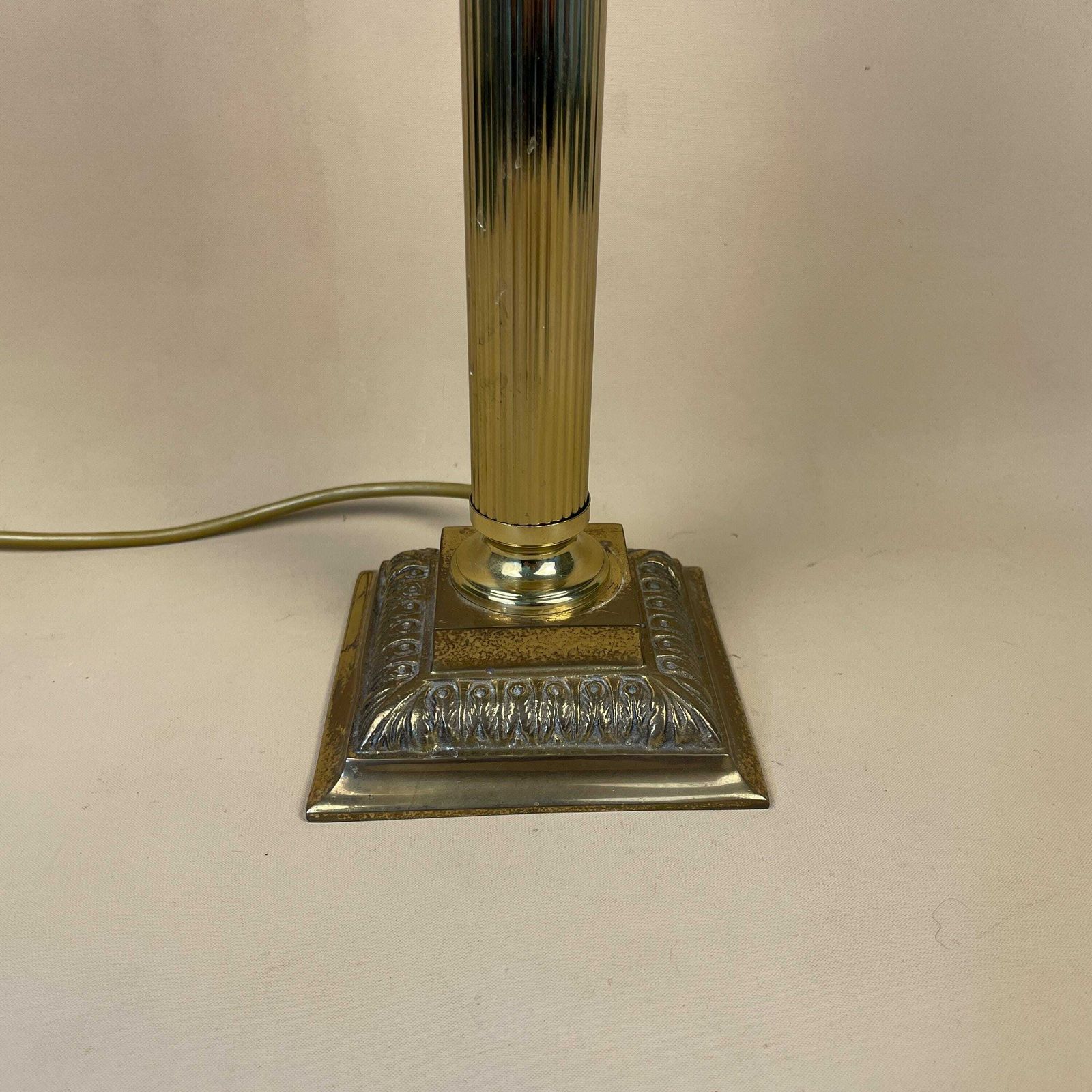 Vintage Metal Gold Brass Lamp Light Bedside Table Ornate Column Desk Antique Small Square Base Detail Medium photo for sale