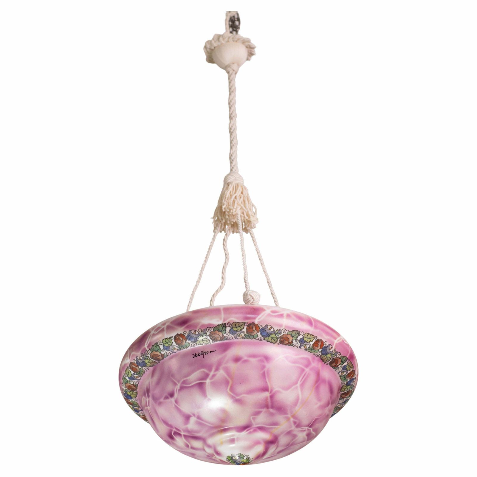 Vintage Italian Pink Ceramic Chandelier With Designed Floral Decoration 1970s