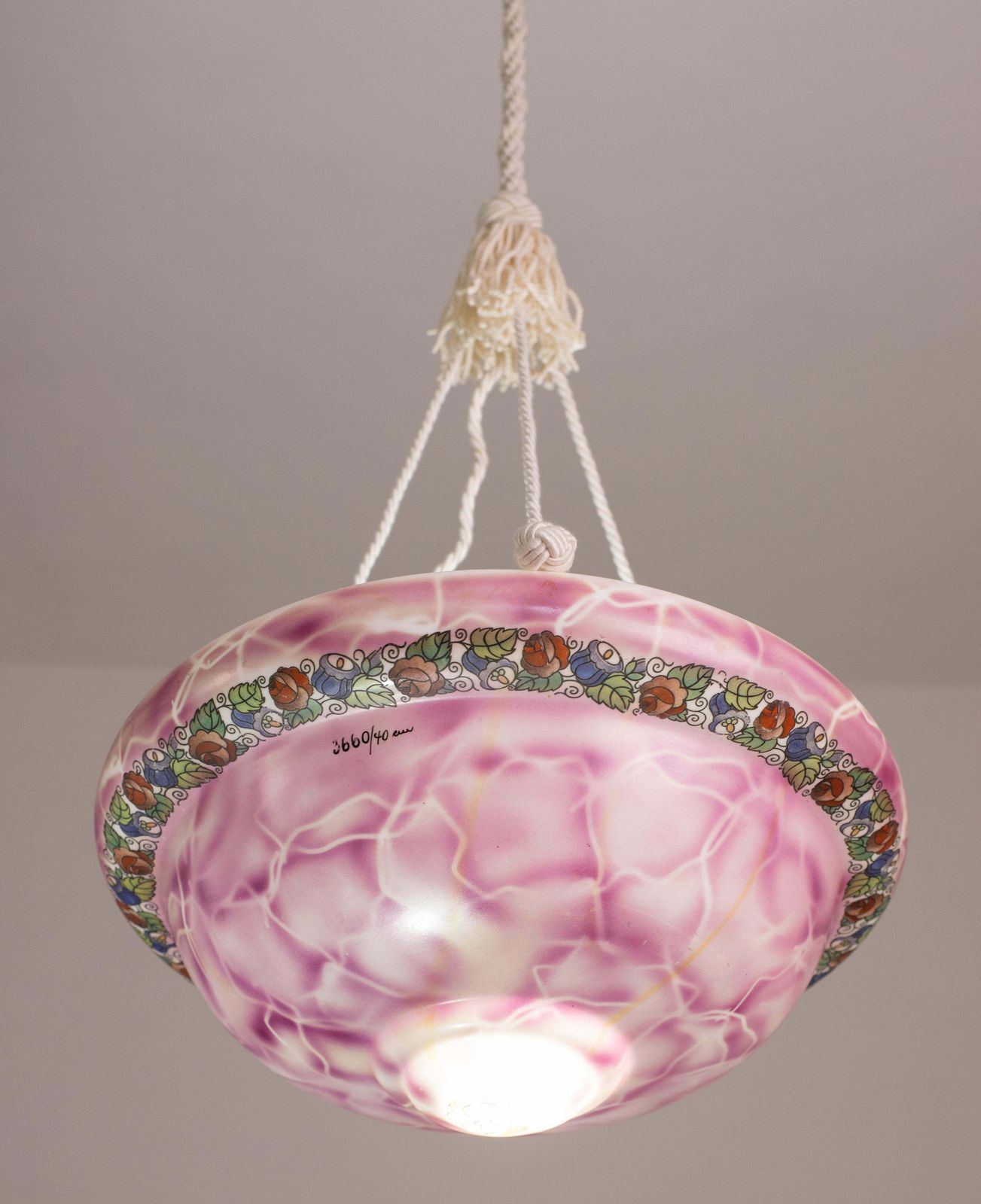 Vintage Italian Pink Ceramic Chandelier With Designed Floral Decoration 1970s photo vinterior