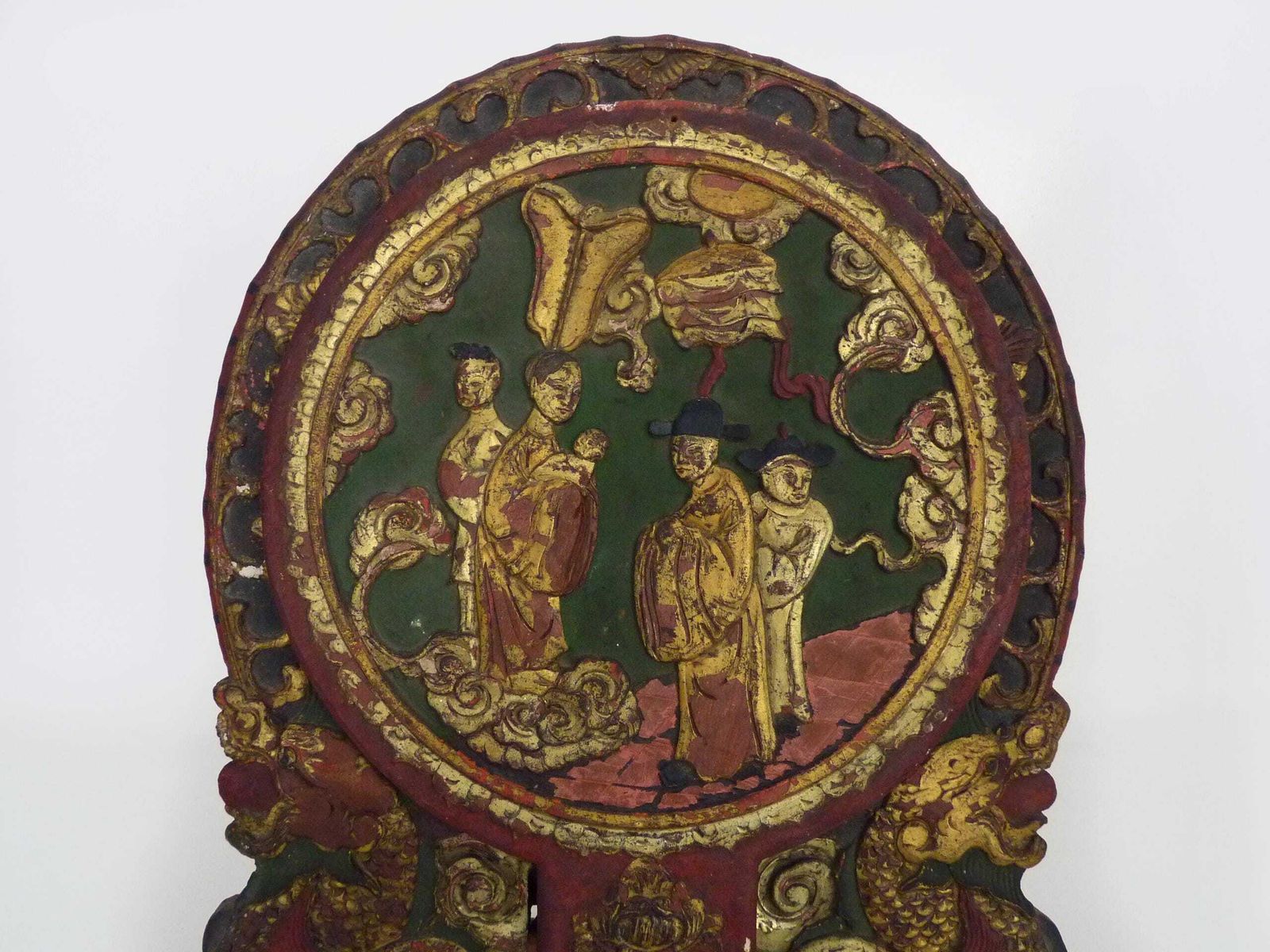 Chinese Psyche Mirror In Hand Carved Wood, Gilded And Lacquered In Red. Early To Mid 20th Century photo for sale