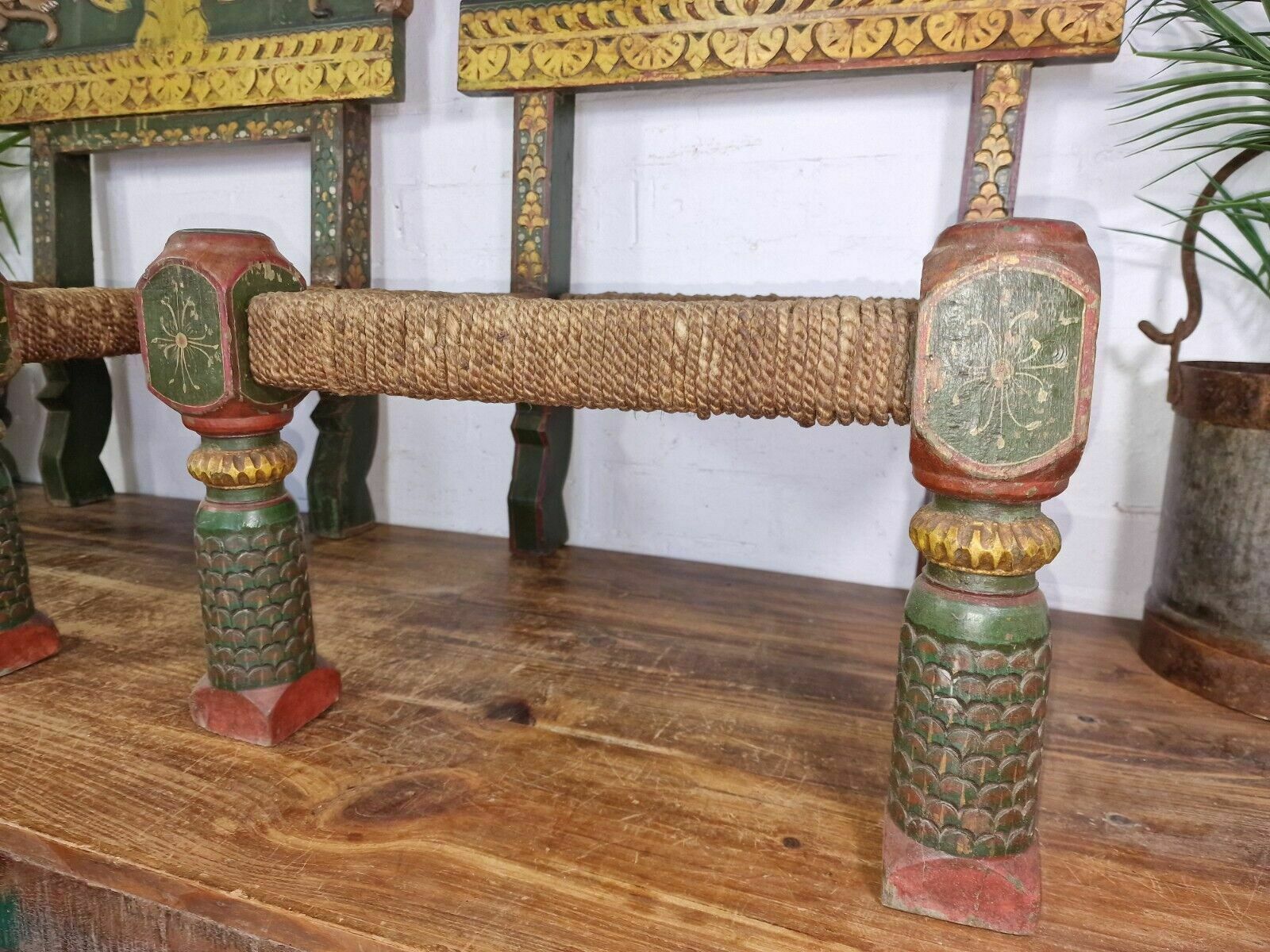 Rare Pair Vintage Antique Indian Low Woven Carved Wooden Pidha Seats Chairs photo furniture