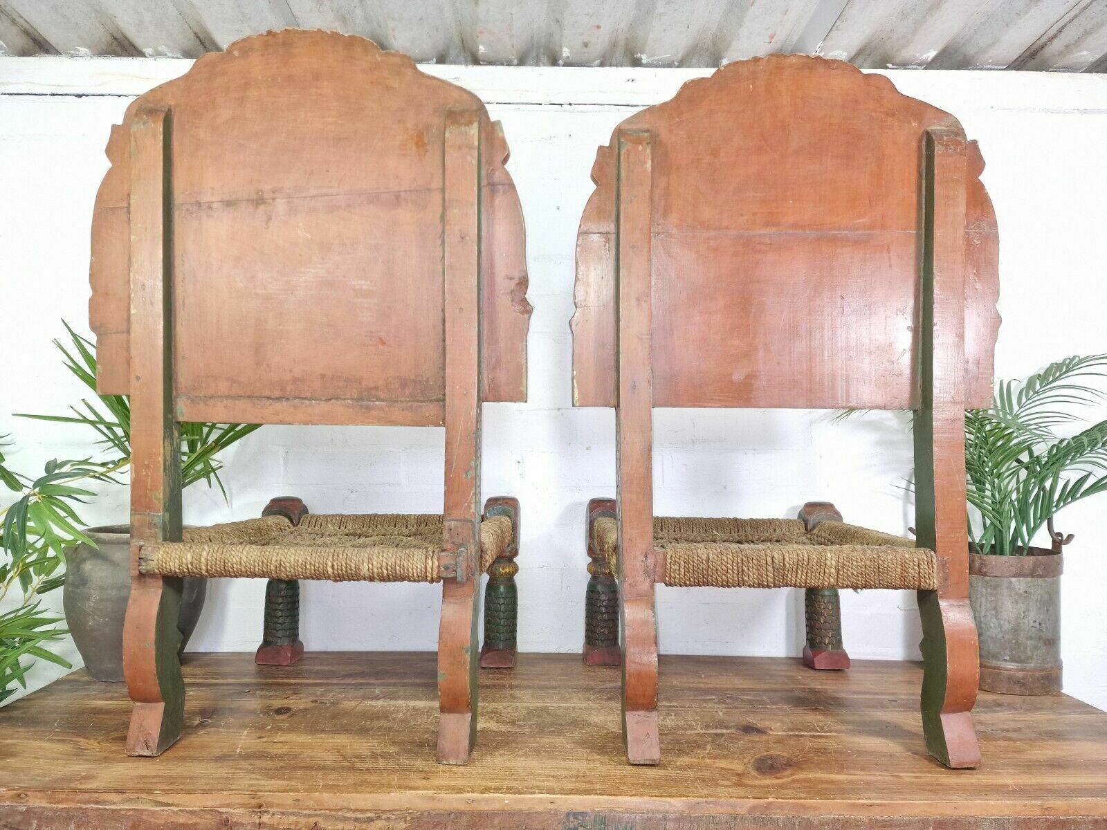 Rare Pair Vintage Antique Indian Low Woven Carved Wooden Pidha Seats Chairs photo vintage