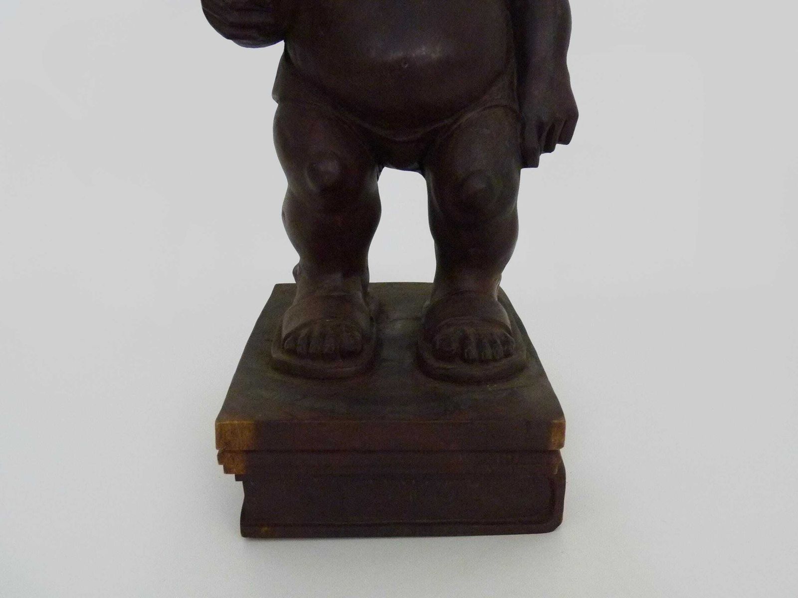 Grotesque Exotic Wood Sculpture Of A Man With Sunglasses And Flip Flops. 80s. Botero Style photo buy