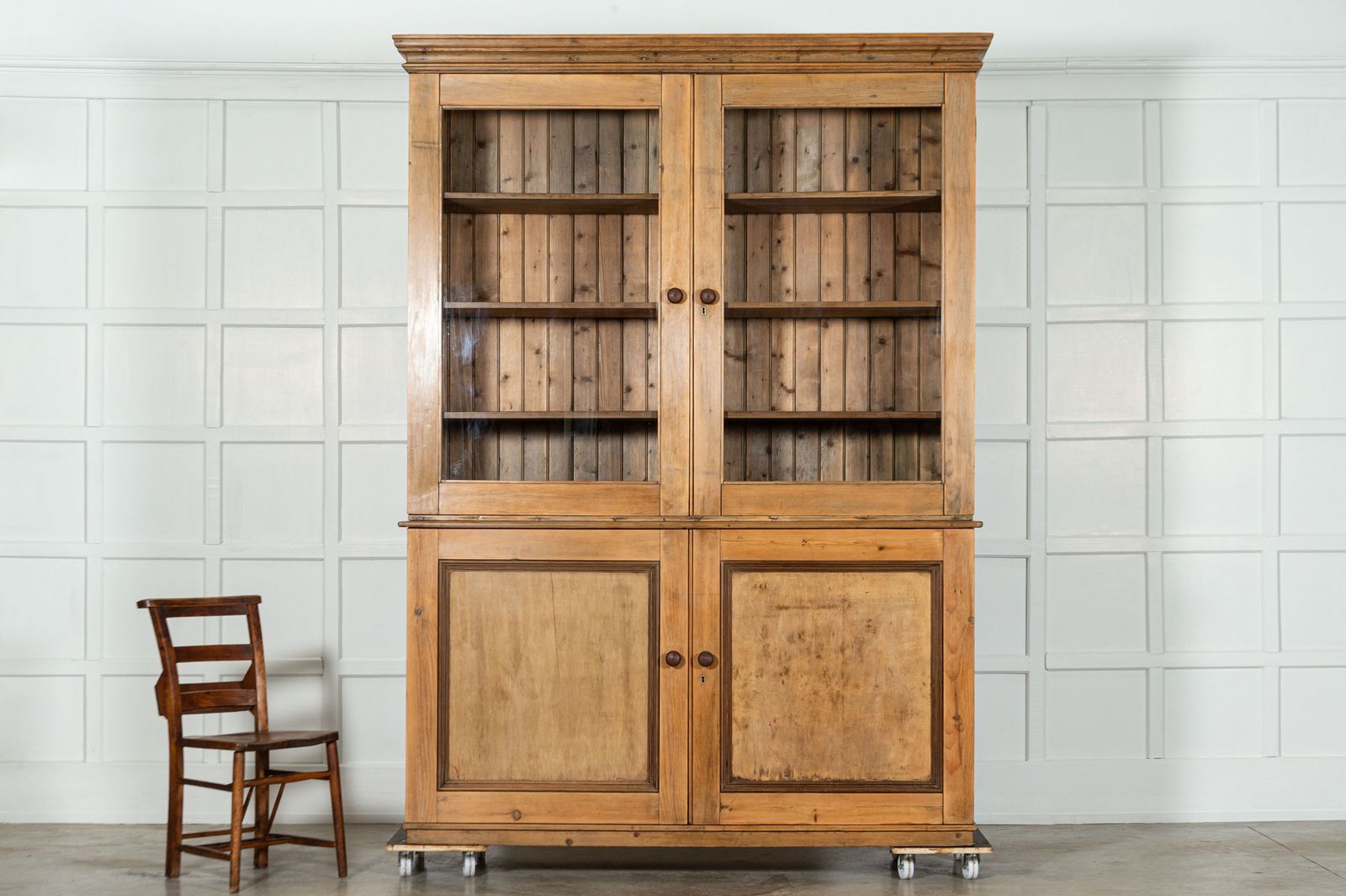 Large 19thc English Pine Glazed Housekeepers / Bookcase photo Furniture