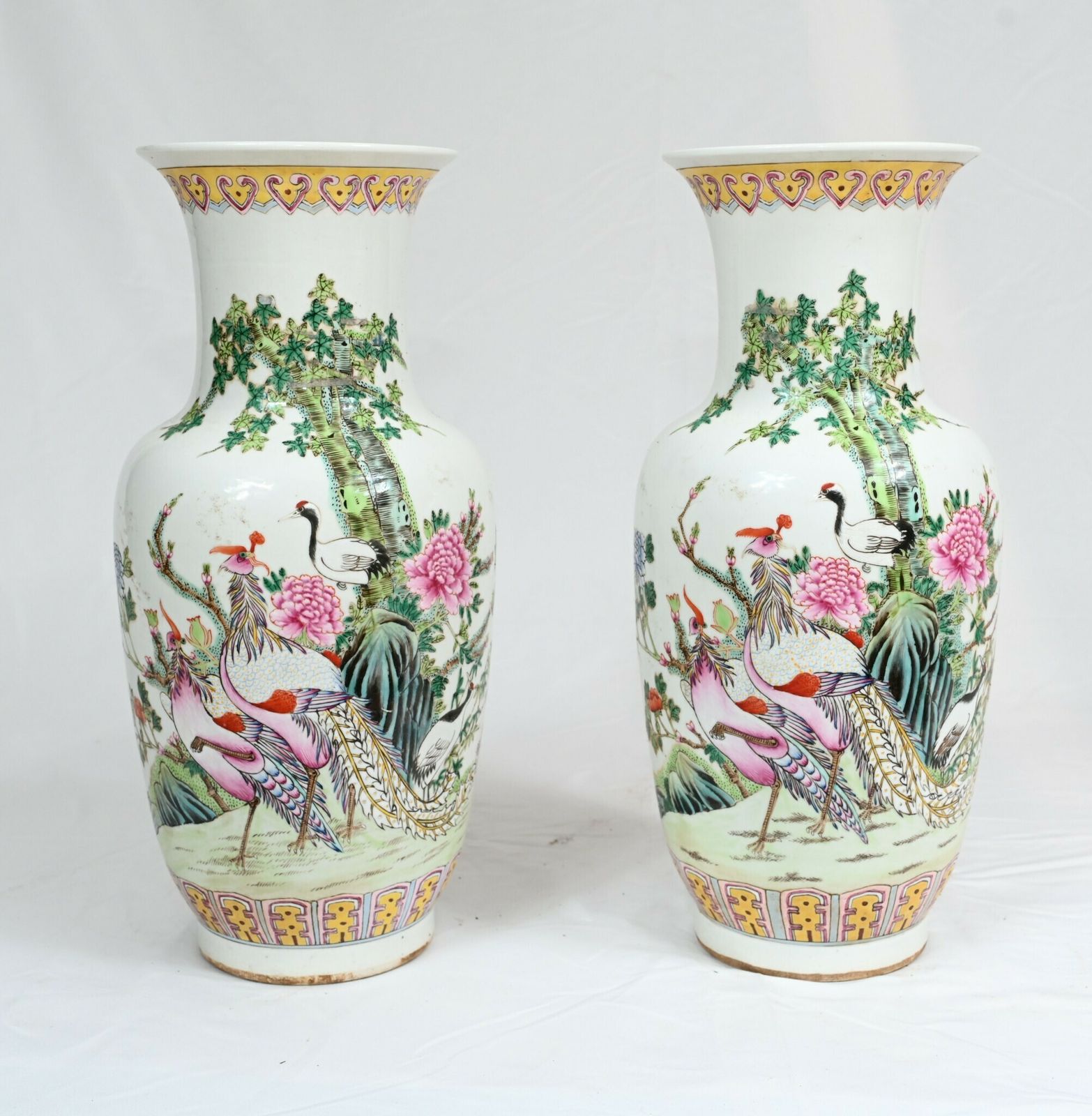 Pair Chinese Porcelain Vases   Famill Verte Qing Urns Pheasant Bird
