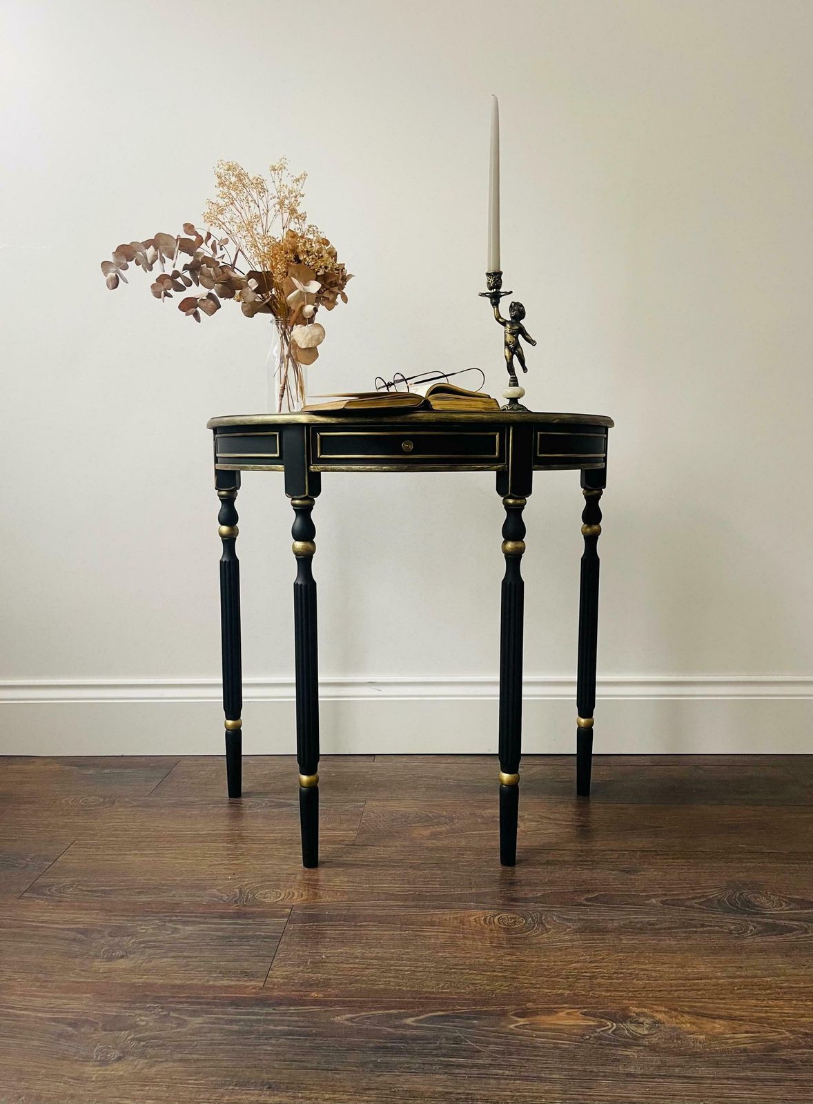 Vintage Half Moon Graphite Black Table Pained Annie Sloan Chalk Paint, Waxed And Finished With Gold Details.