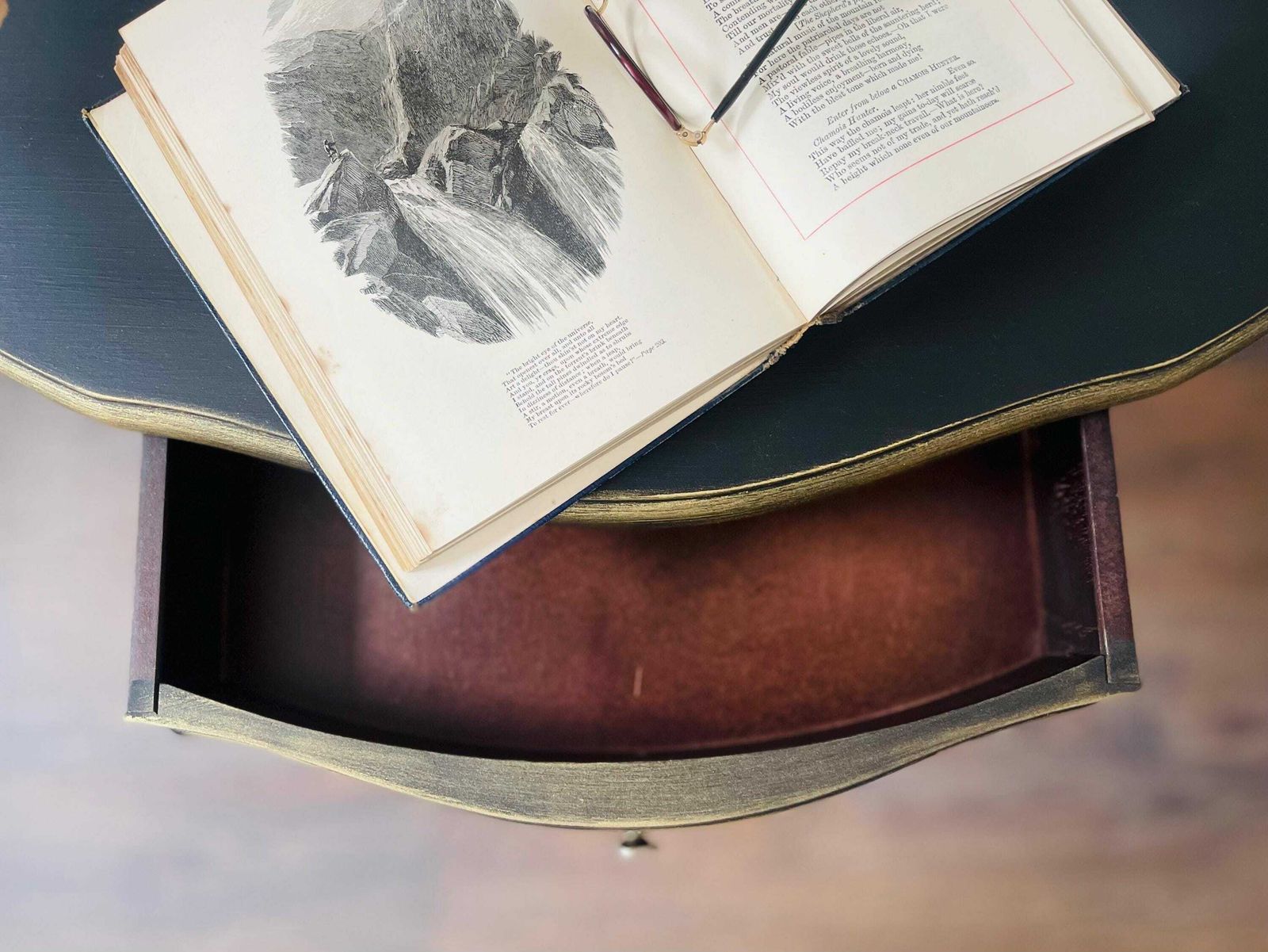 Vintage Half Moon Graphite Black Table Pained Annie Sloan Chalk Paint, Waxed And Finished With Gold Details. photo vinterior