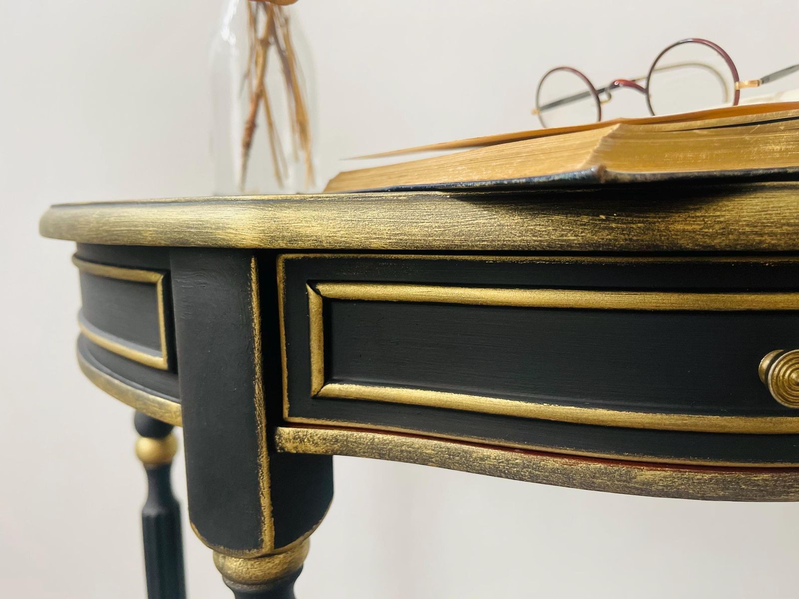 Vintage Half Moon Graphite Black Table Pained Annie Sloan Chalk Paint, Waxed And Finished With Gold Details. photo 380.0
