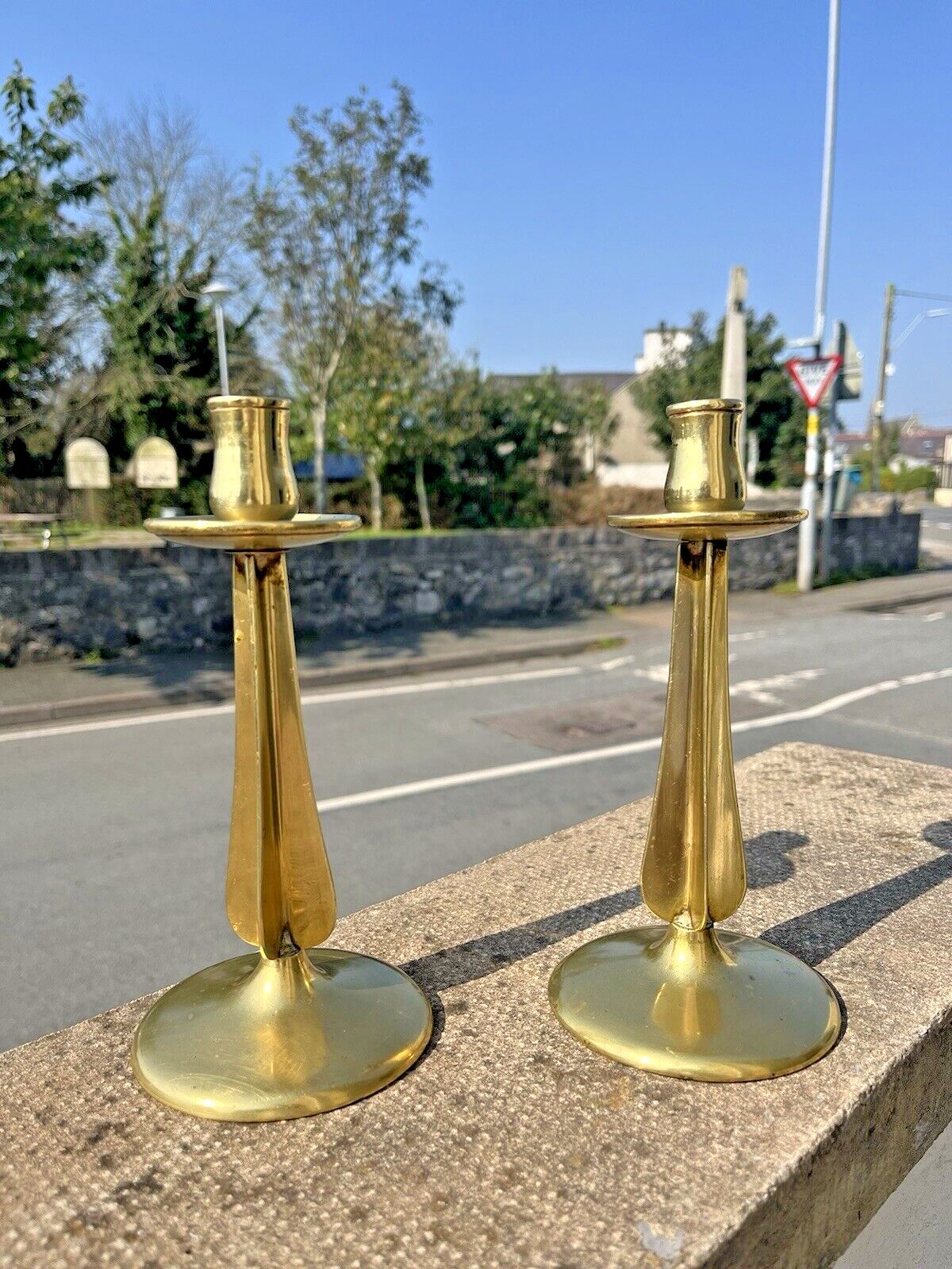 180.0 Pair Of English Antique Art Nouveau Arrow Cross Stem Candlesticks Candle Holders photo