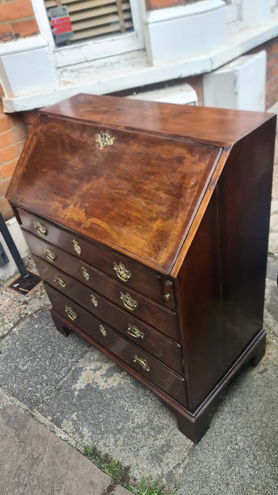 George III Antique Oak Bureau With Original Handles & Escutcheons 1700