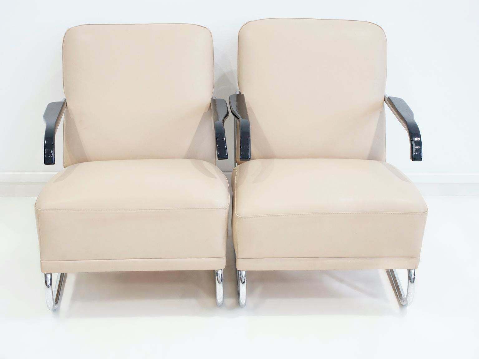 Pair Of Beige Leather And Tubular Steel Lounge Chairs photo for sale