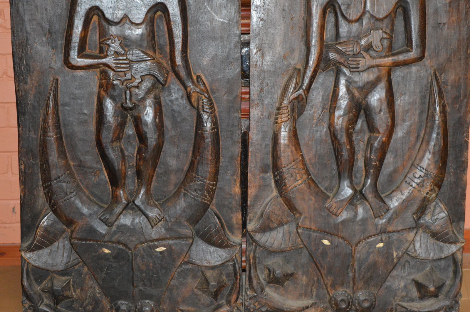 Pair Large (148cm) Antique Carved Tribal Doors Toraja Tribe, Sulawesi, Indonesia, C1850. photo for sale