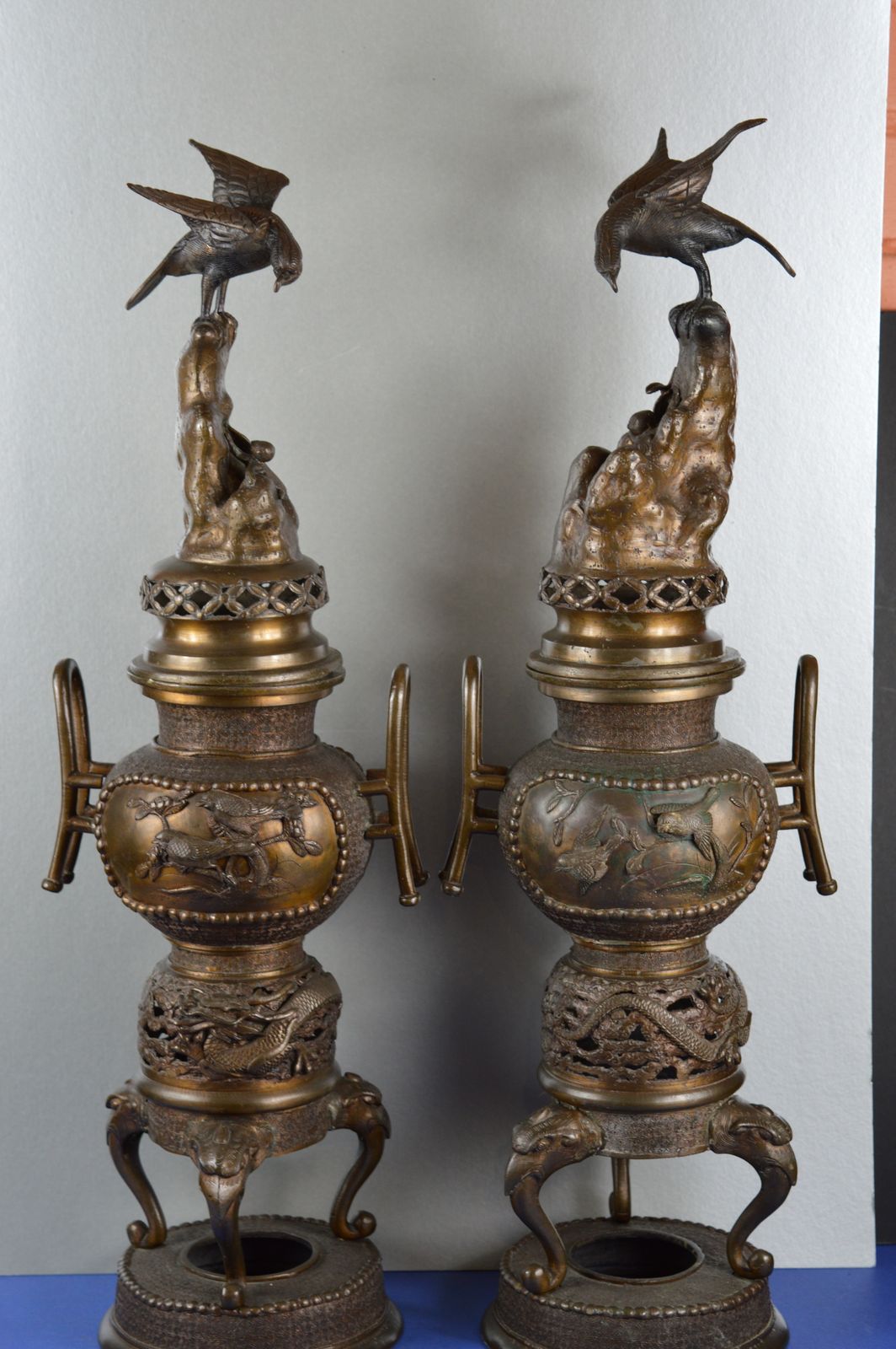 Pair Very Large (70cm) Mid 19th Century Japanese Bronze Incense Burners/Koro, C1850.