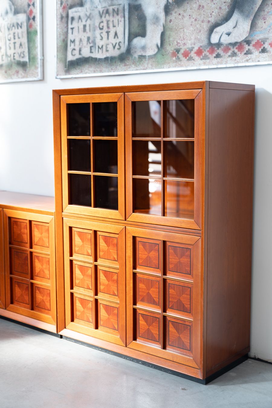 Furniture 1970s Modular Corner Cabinet In Cherrywood With Glass And Carved Doors – "Fox Hunt" Design photo