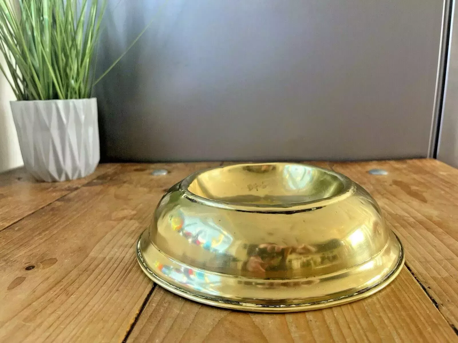 Antique 19th C Arts & Crafts Beaten Brass Dog Bowl Cat Pet Dish Food Water photo furniture