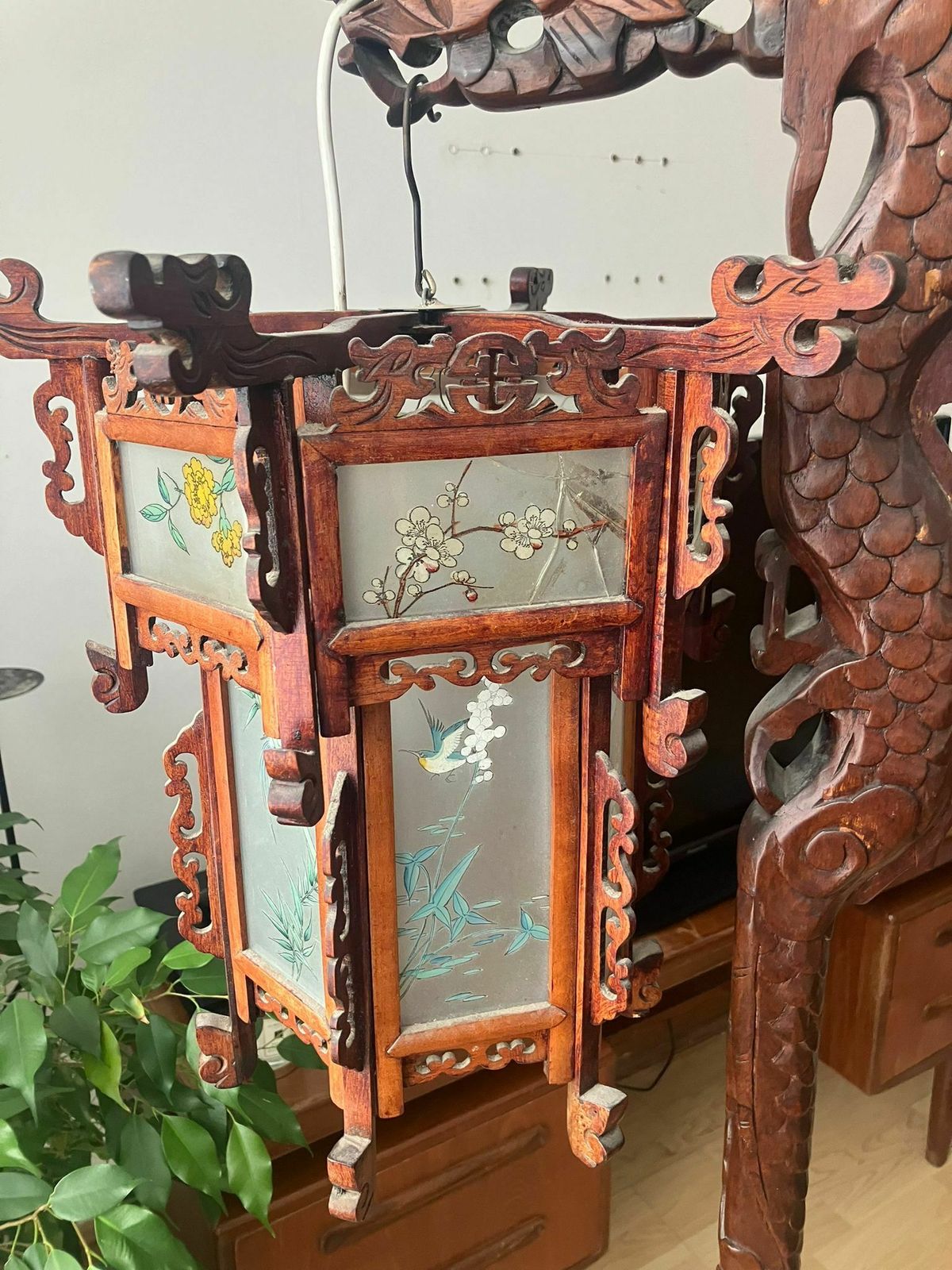 Chinese Lantern Chandelier In Wood And Decorated Glass, 1930s photo furniture