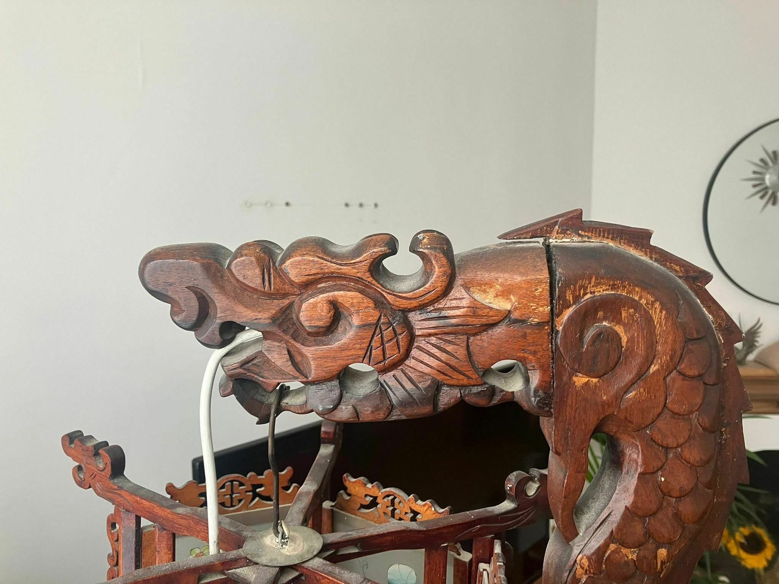 Chinese Lantern Chandelier In Wood And Decorated Glass, 1930s photo for sale