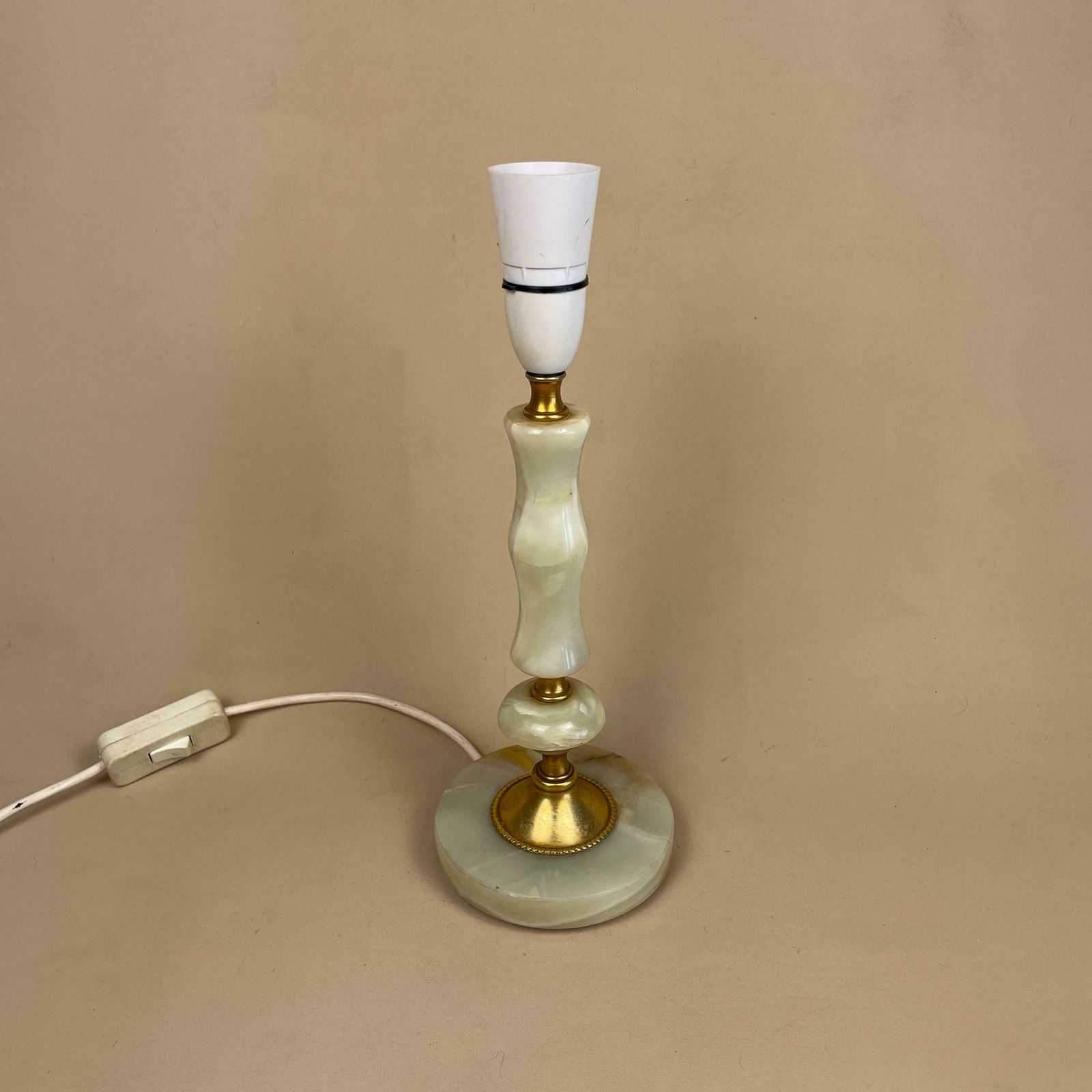 Green Marble & Gold Brass Lamp Bedside Table Desk Vintage Onyx Medium Side Light Column Ornate Round Base Antique Slim Pillar