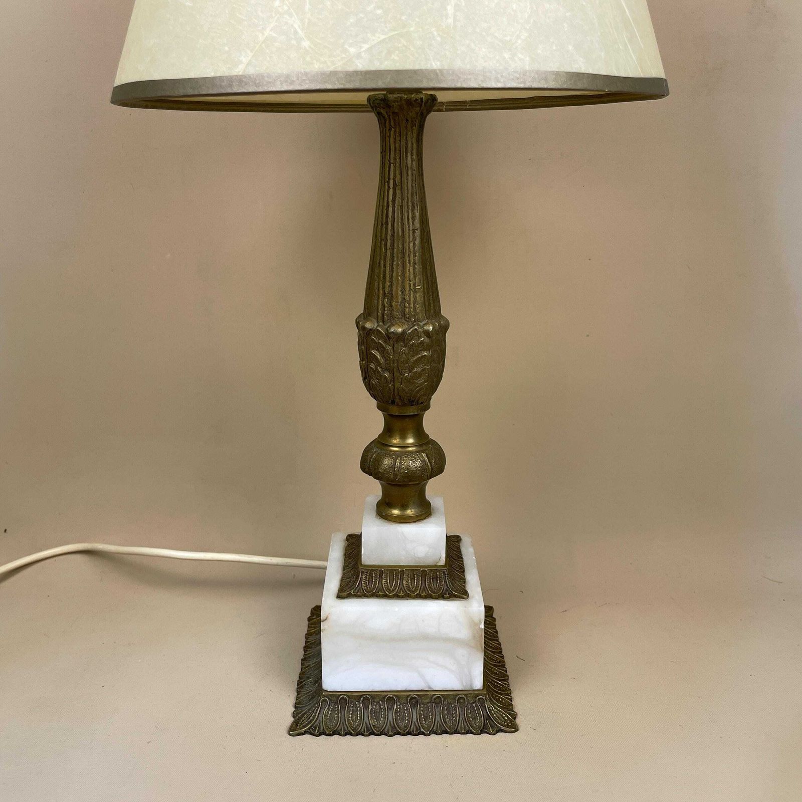 Onyx Marble & Gold Brass Lamp Light Bedside Side Table Desk Square Base Ornate White Stone Pillar Lampshade Vintage Antique photo for sale
