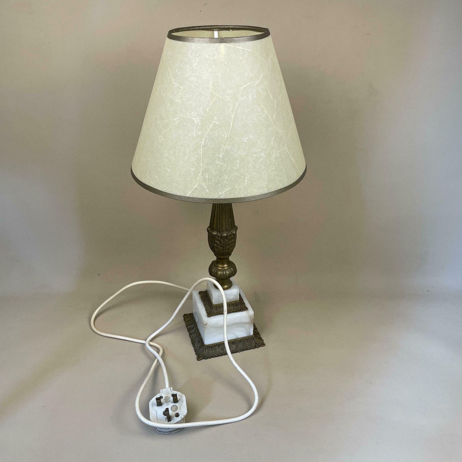 photo for sale Onyx Marble & Gold Brass Lamp Light Bedside Side Table Desk Square Base Ornate White Stone Pillar Lampshade Vintage Antique