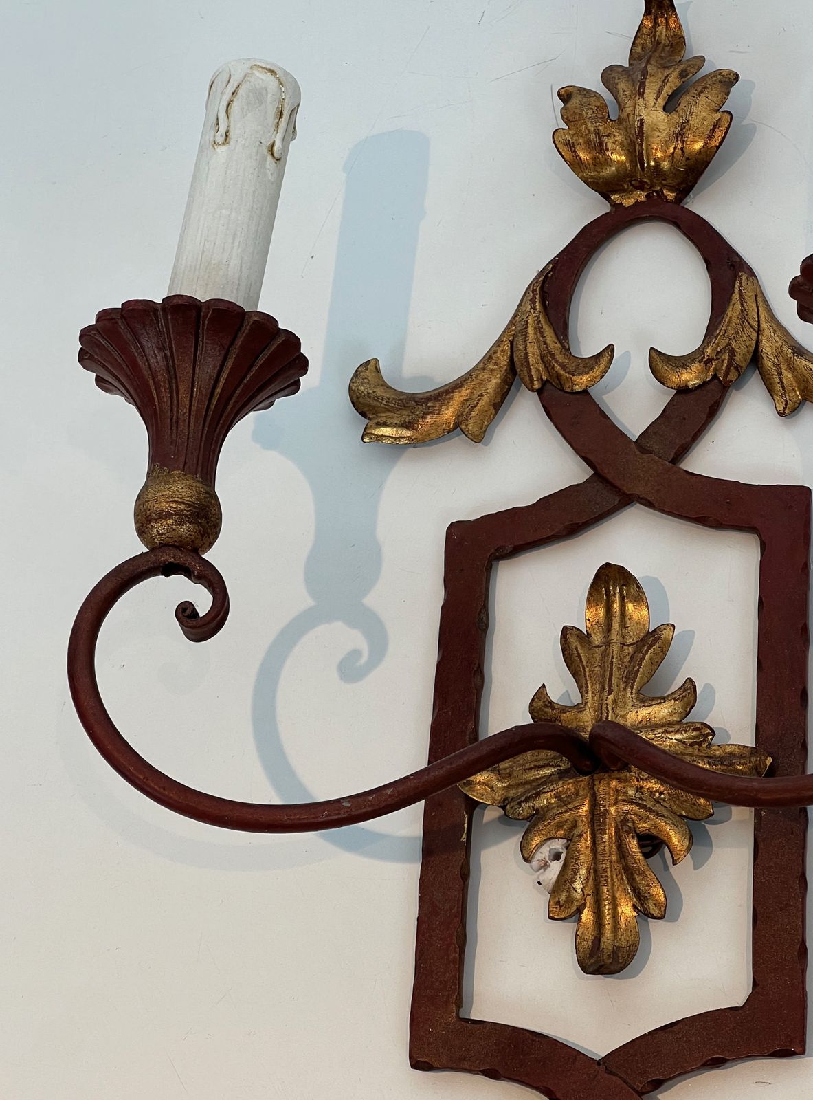 Pair Of Wrought Iron And Patinated Wood Wall Lights With Golden Acanthus Leaves photo vinterior