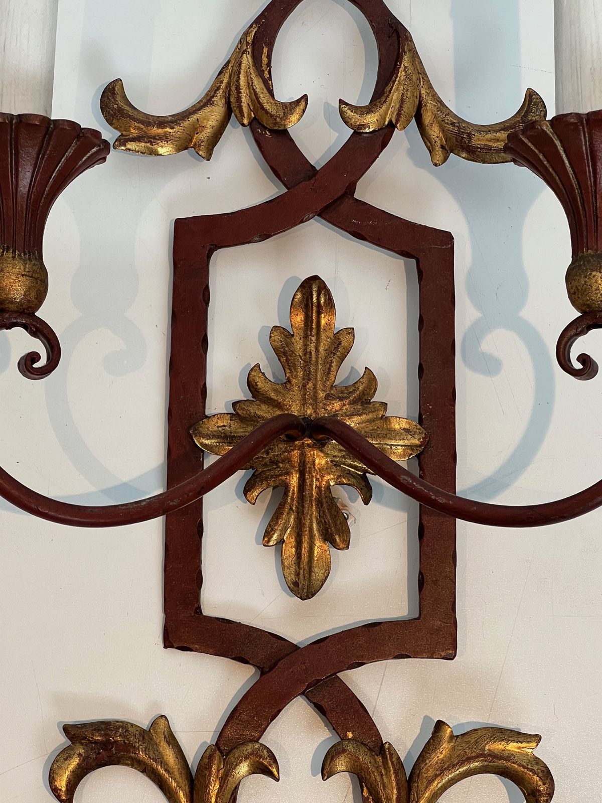 photo furniture Pair Of Wrought Iron And Patinated Wood Wall Lights With Golden Acanthus Leaves