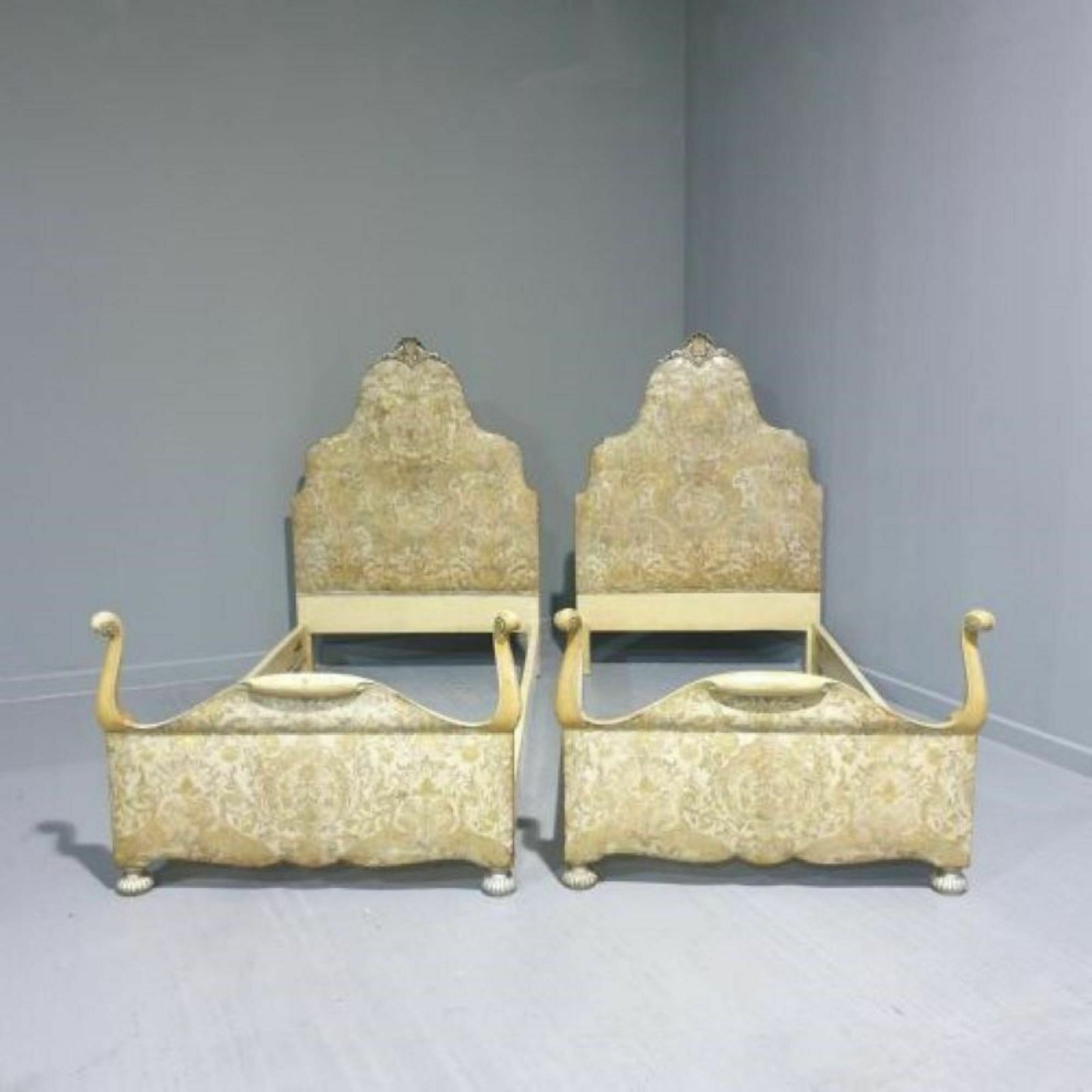 Pair Queen Anne Leather Embossed Single Beds