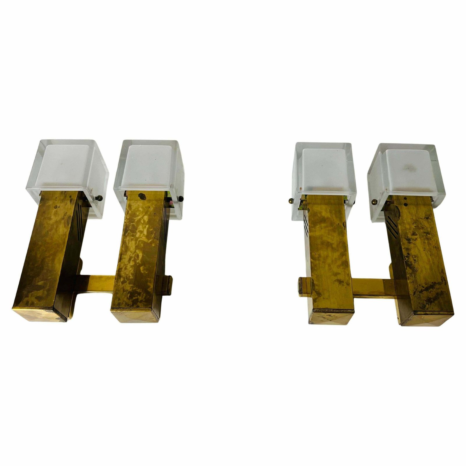 Pair Of Mid Century Brass And Ice Glass Wall Lamps, Italy, 1960s