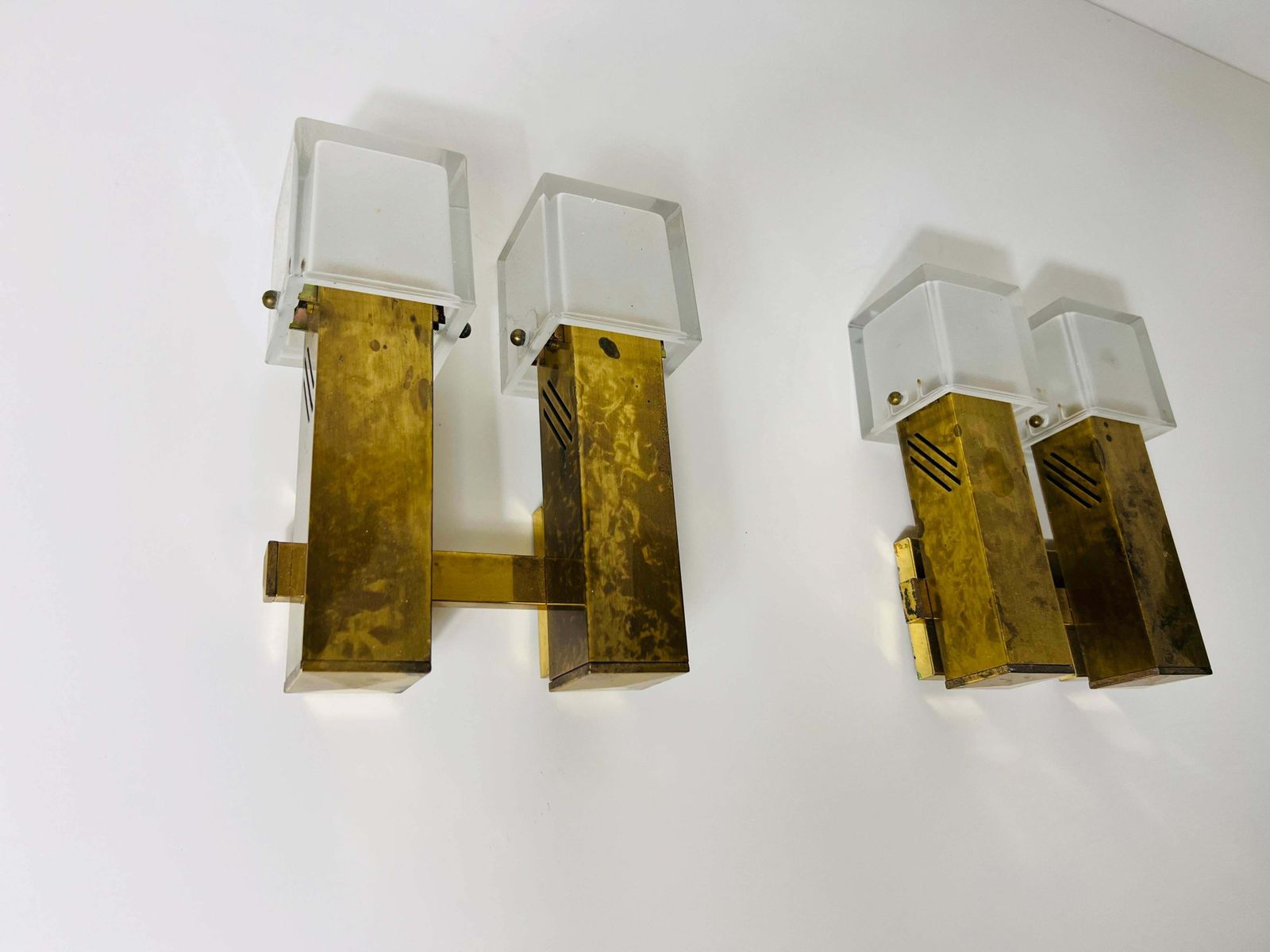 Pair Of Mid Century Brass And Ice Glass Wall Lamps, Italy, 1960s photo buy