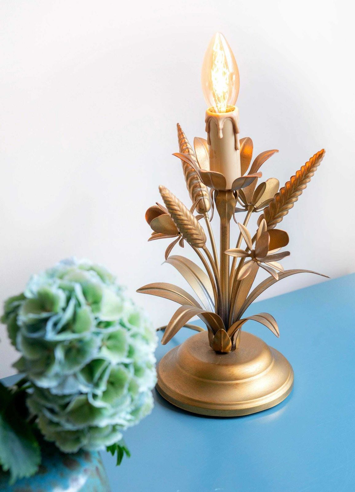 Italian Gilt Metal Table Lamp, Floral Golden Desk Lamp, Hollywood Regency, Ls Italy, 1970s Design, Wheat Bundle Lamp photo vintage