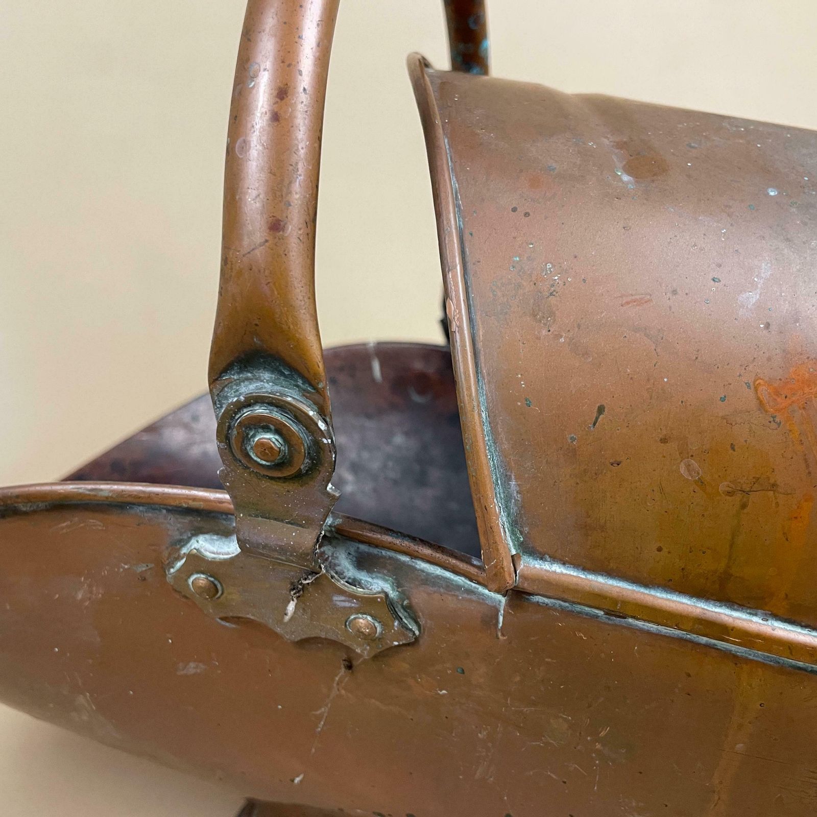 photo for sale Antique Metal Copper Coal Bucket Handle Fireside Fire Side Scuttle Helmet Farmhouse Cottage Aged Patina Vintage Fireplace Logs Tools