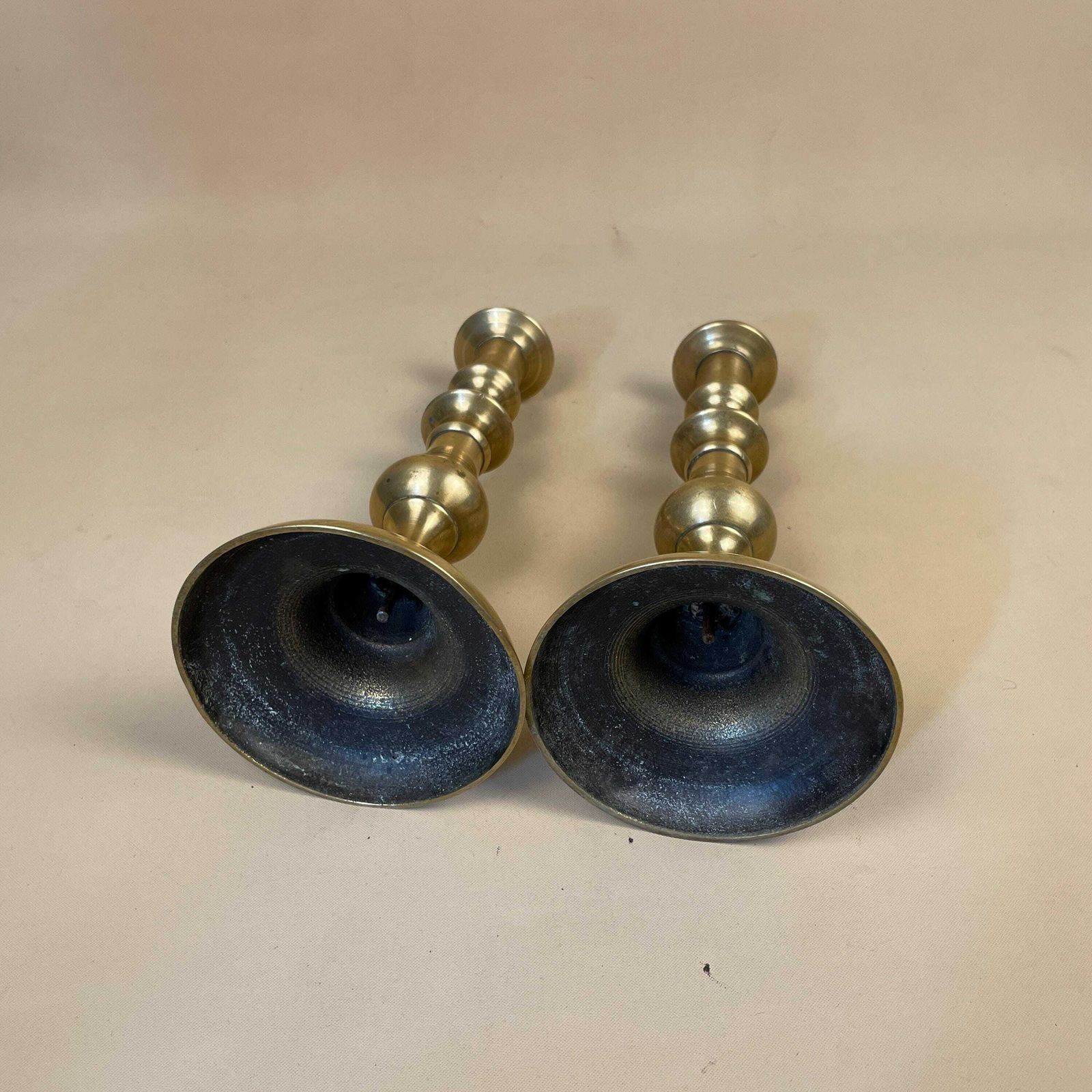 Antique Matching Pair Of Gold Brass Metal Candlestick Candle Stick Vintage Column Taper Dinner Candlesticks Column Pillar Set Round Base photo buy