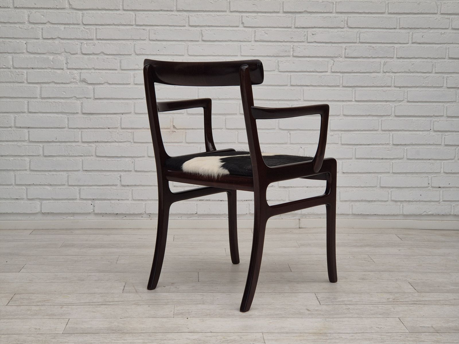photo buy 1960s, Danish Design By Ole Wanscher, Armchair, Mahogany Wood, Cowhide, Reupholstered.