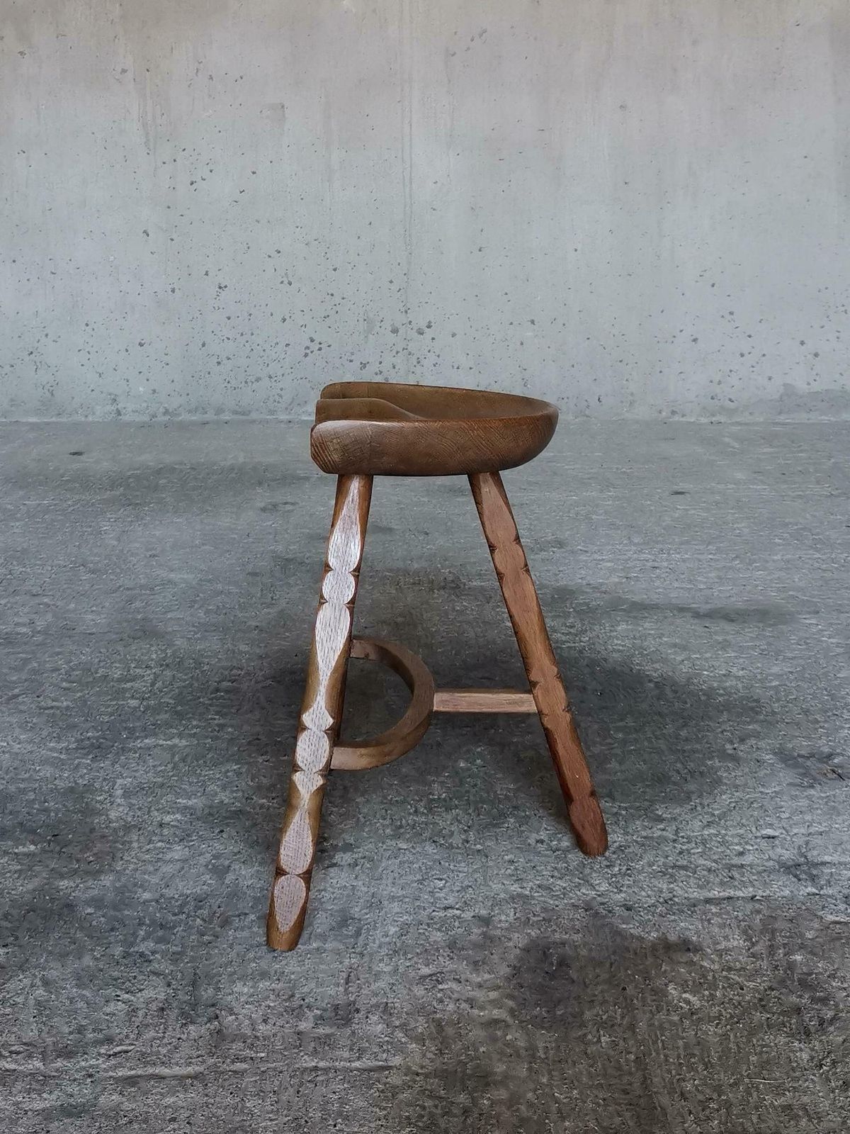Solid Oak Stool In Style Of Henning Kjærnulf, Hand Sculpted Seat, Denmark 1960s photo Furniture
