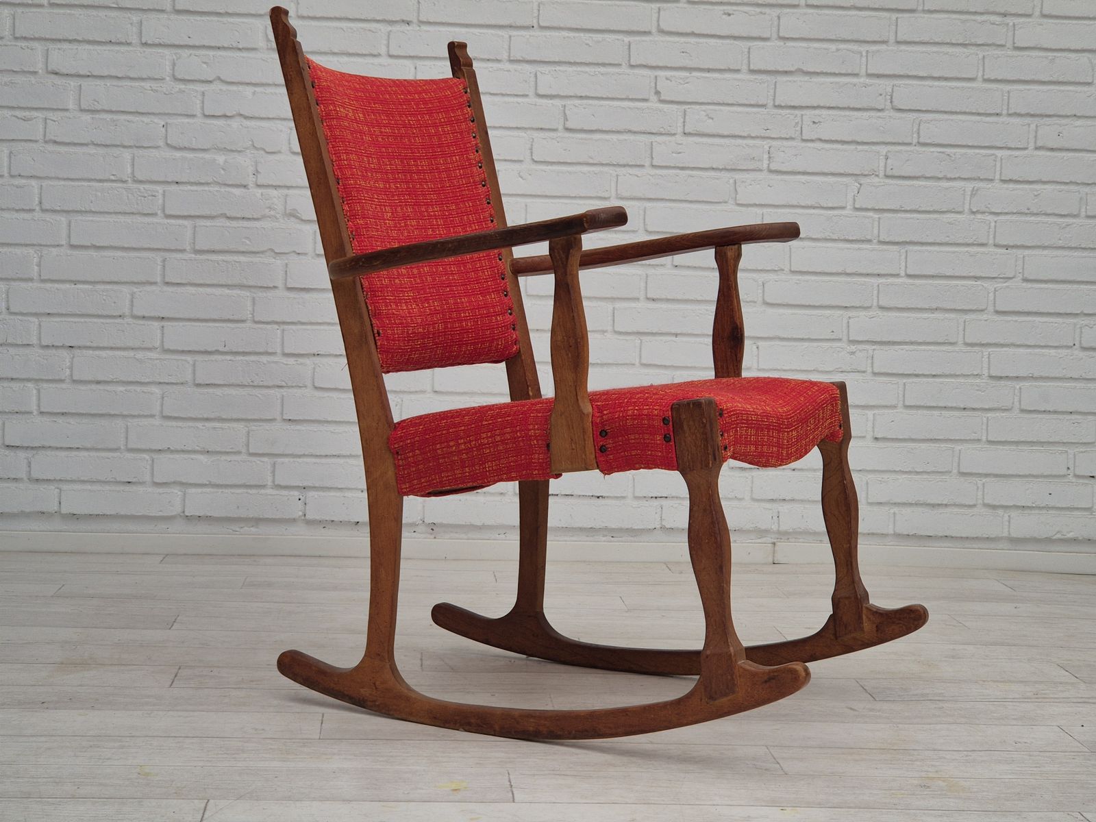 1960s, Danish Rocking Chair, Original Good Condition, Solid Oak Wood, Furniture Wool Fabric. photo furniture
