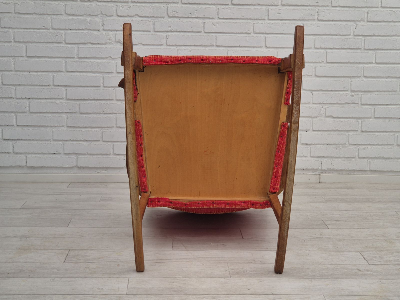 photo buy 1960s, Danish Rocking Chair, Original Good Condition, Solid Oak Wood, Furniture Wool Fabric.
