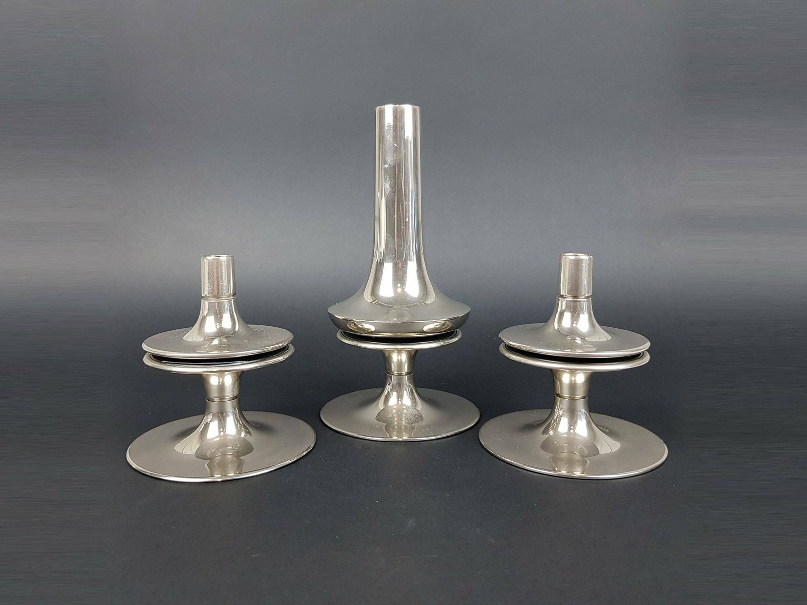 Set Of 3 Stackable Pedestal Candle Holders, Original 1950 60s, Designed By Caesar Stoffi For Fritz Nagel Bayerische Metall Fabrik Bmf.