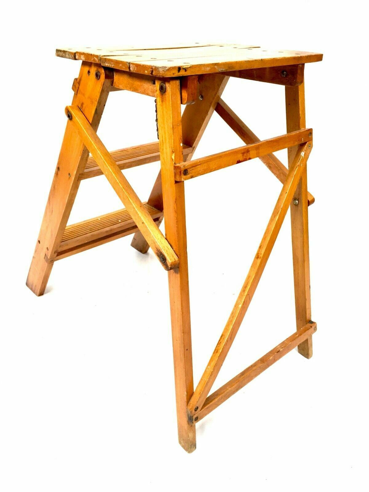 Antique 20th Century Wooden Household Stained Pine Folding Step Ladder photo vinterior