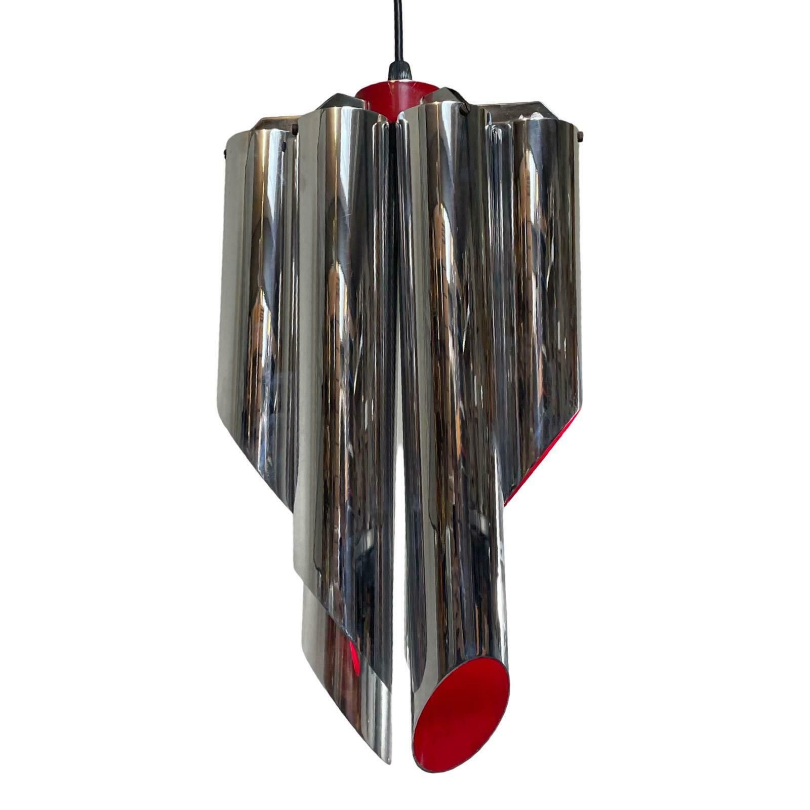 Space Age Design / Pop Art   Chromed And Red Inside   Hanging Pendant   Polished Tubes photo Lighting