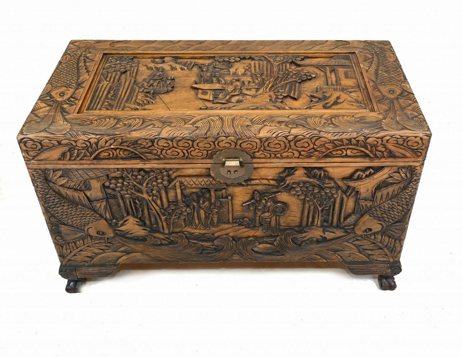 Chinese Luggage Chest Camphor Hand Carved Antique Box 1930 photo for sale