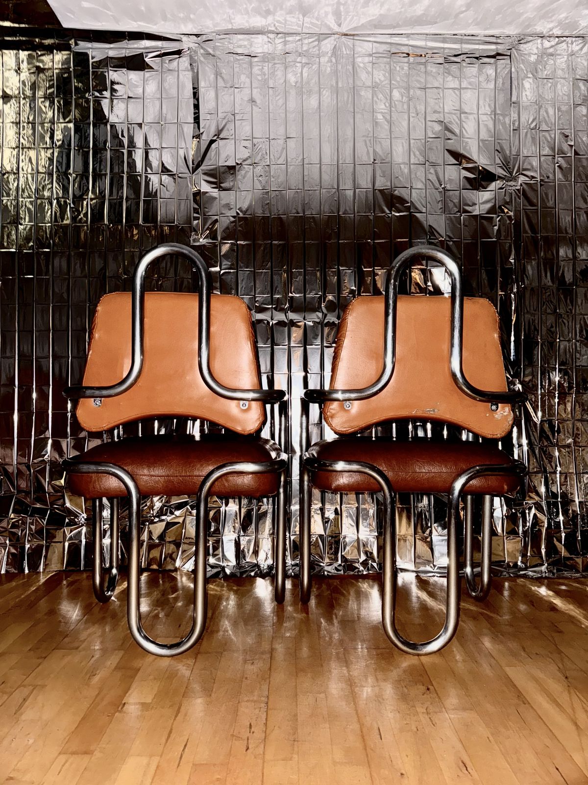 photo for sale Pair Of Kwok Hoi Chan Chairs In Leather And Tubular Steel, For Steiner, C. 1970