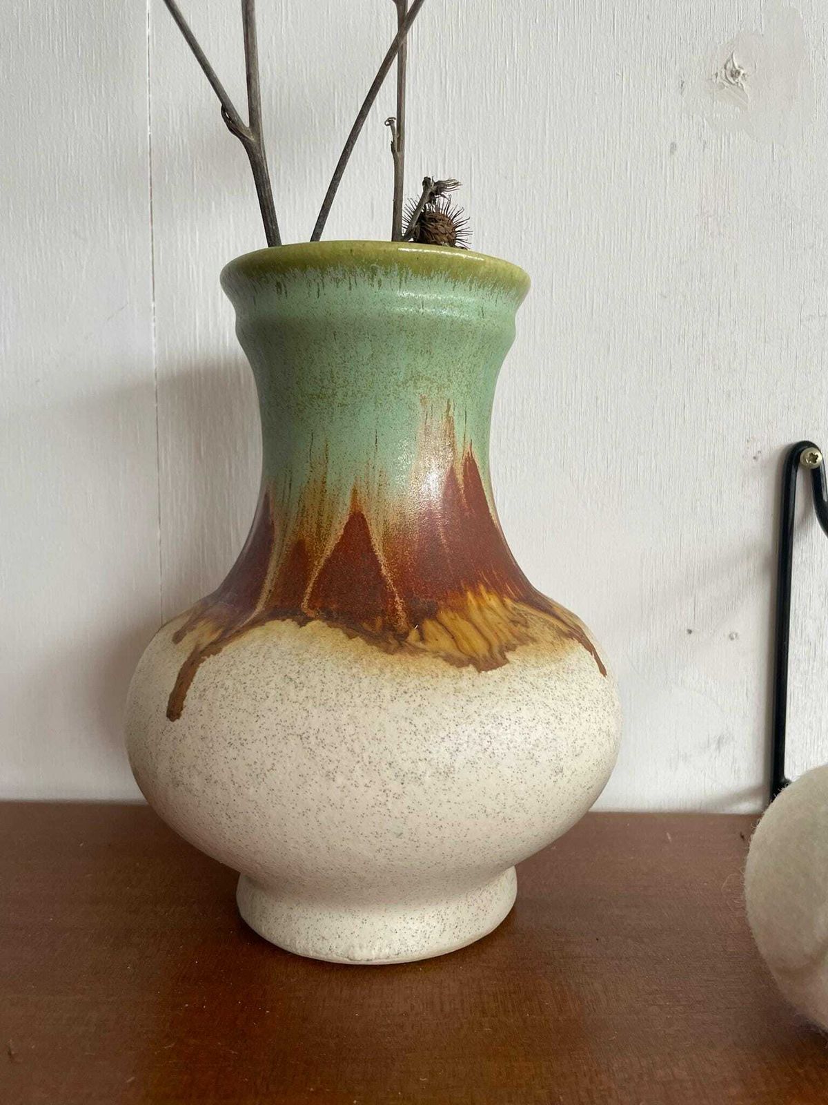 Ueberlacker U Keramik 528 18 Creamy White West German Vase With Brown And Blue Drip Glaze photo for sale