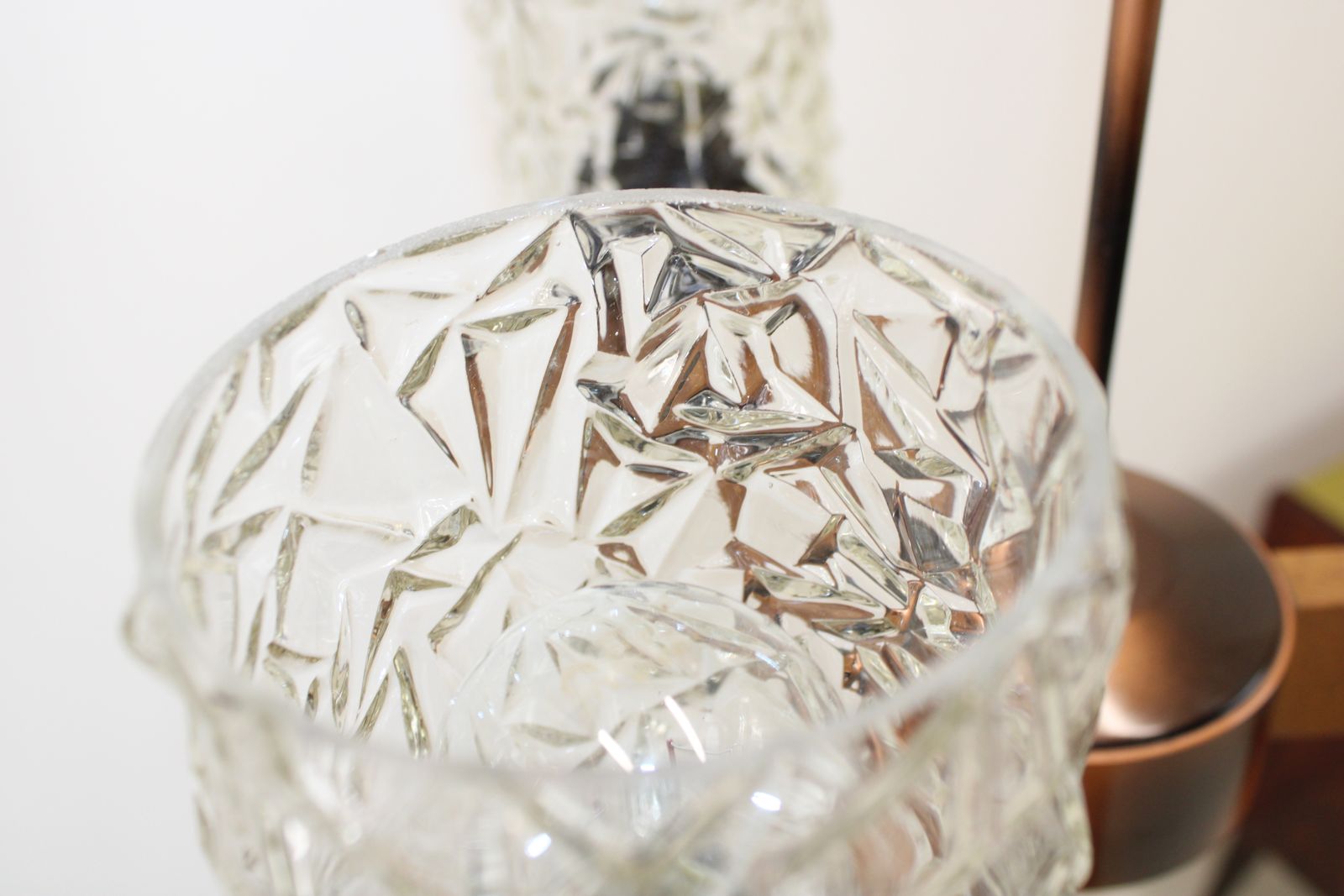 Vintage Ceiling Lamp In Wood And Cut Glass//Space Age 80's/Atomic Light Fixture photo Lighting