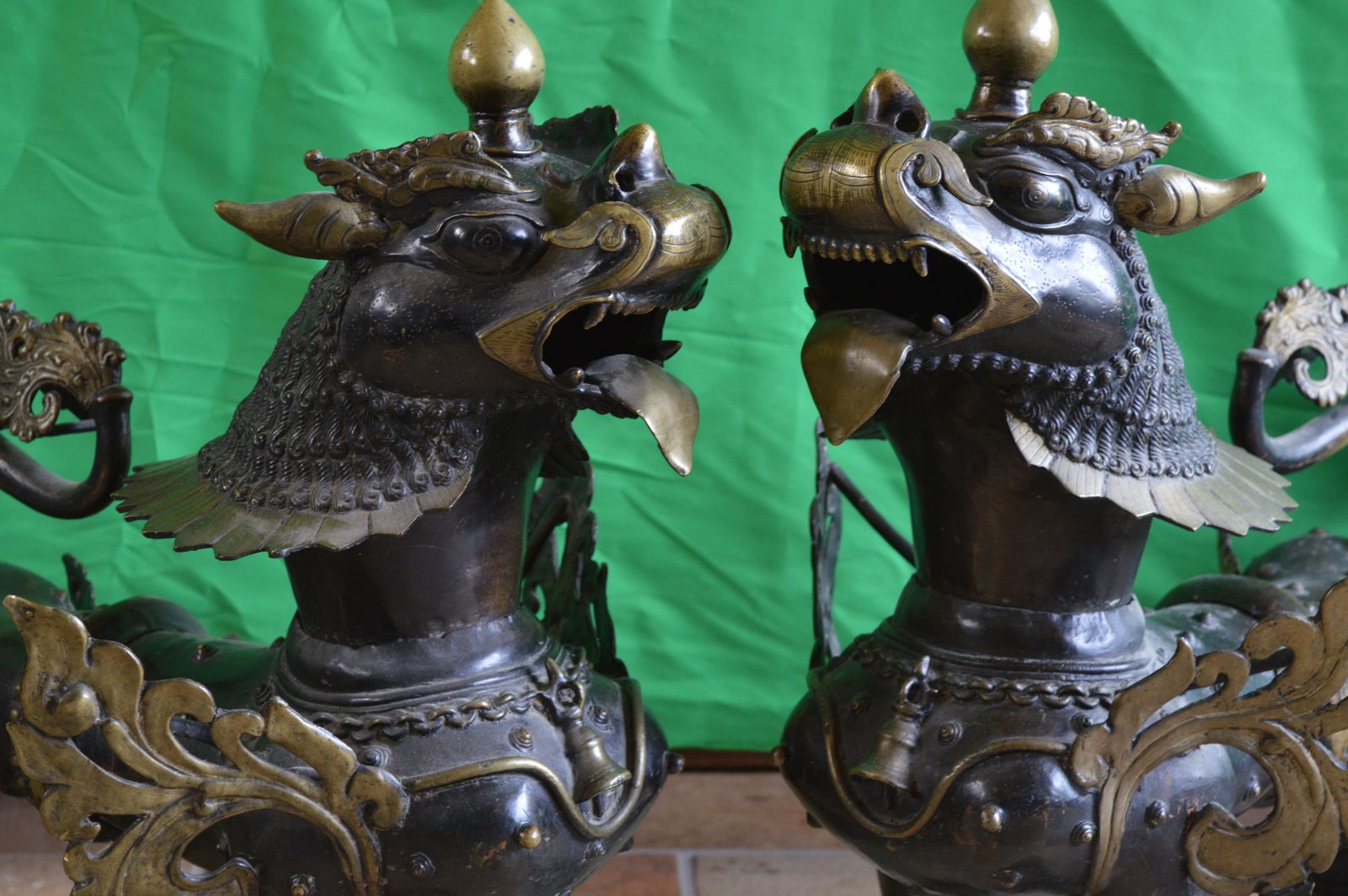 Large Pair (35kgs) 19th Century Tibetan Bronze Temple Lions/Foo Dogs,C1880. photo furniture