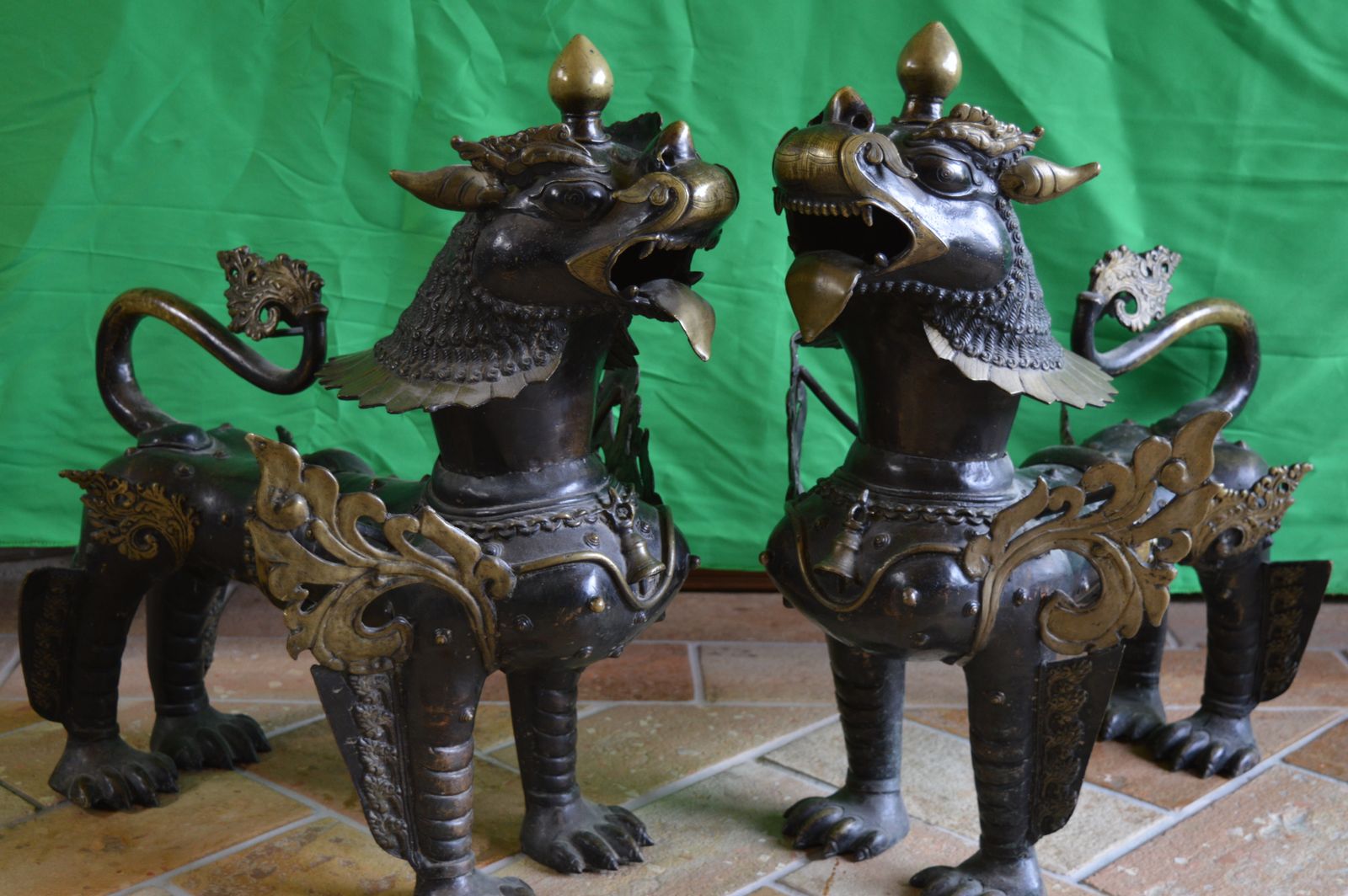 Large Pair (35kgs) 19th Century Tibetan Bronze Temple Lions/Foo Dogs,C1880.