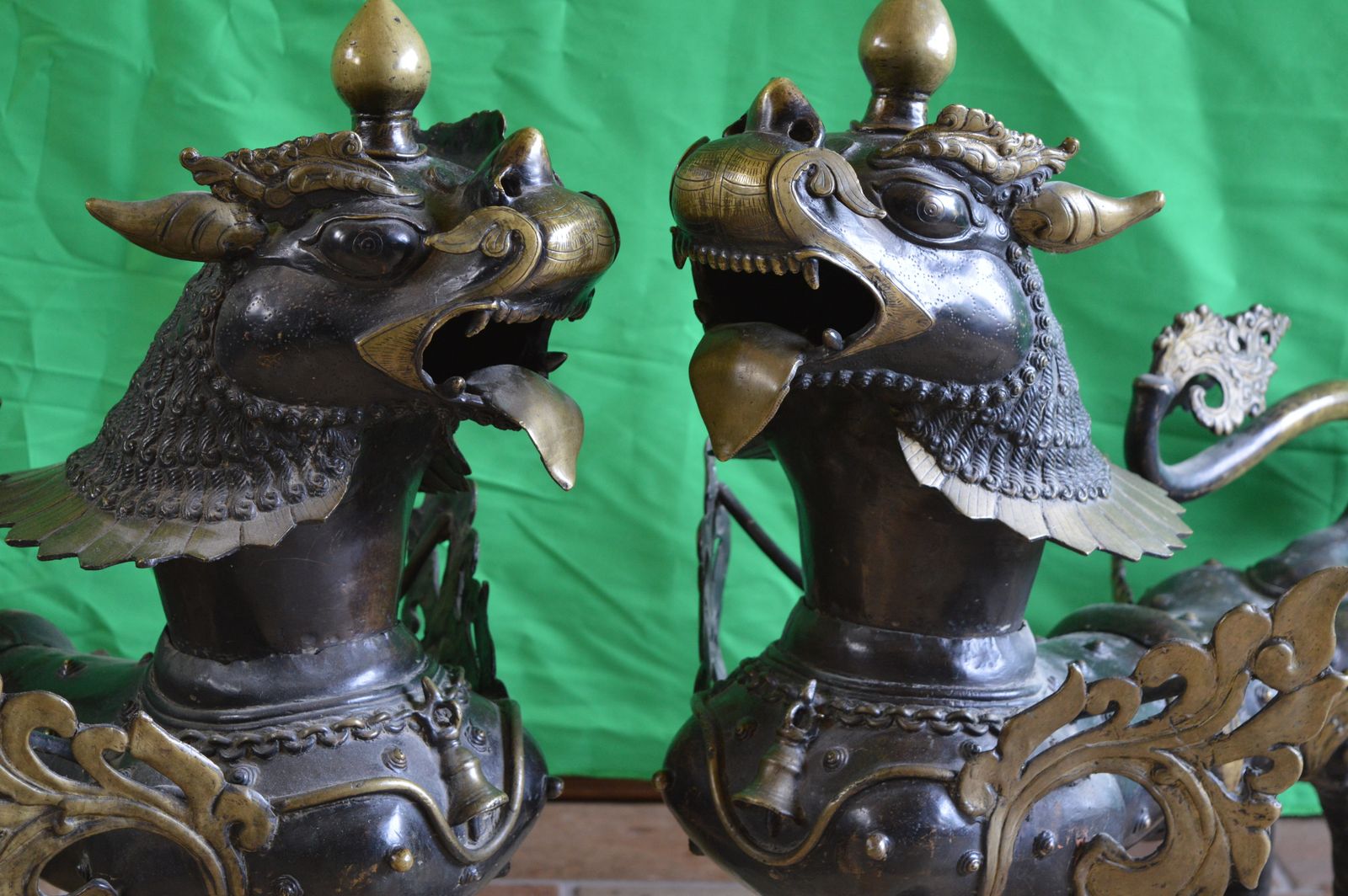 Large Pair (35kgs) 19th Century Tibetan Bronze Temple Lions/Foo Dogs,C1880. photo Art