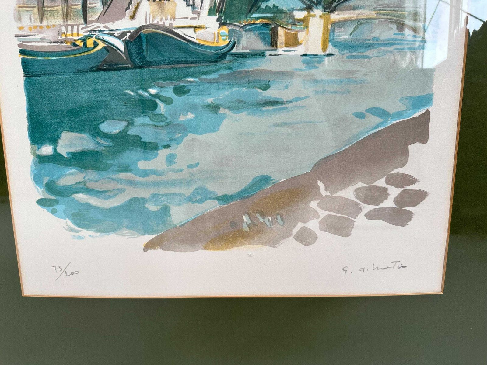 Limited Edition Lithograph 73/150, Framed, Signed & Numbered   Gilbert Martin "River Barges" photo Art