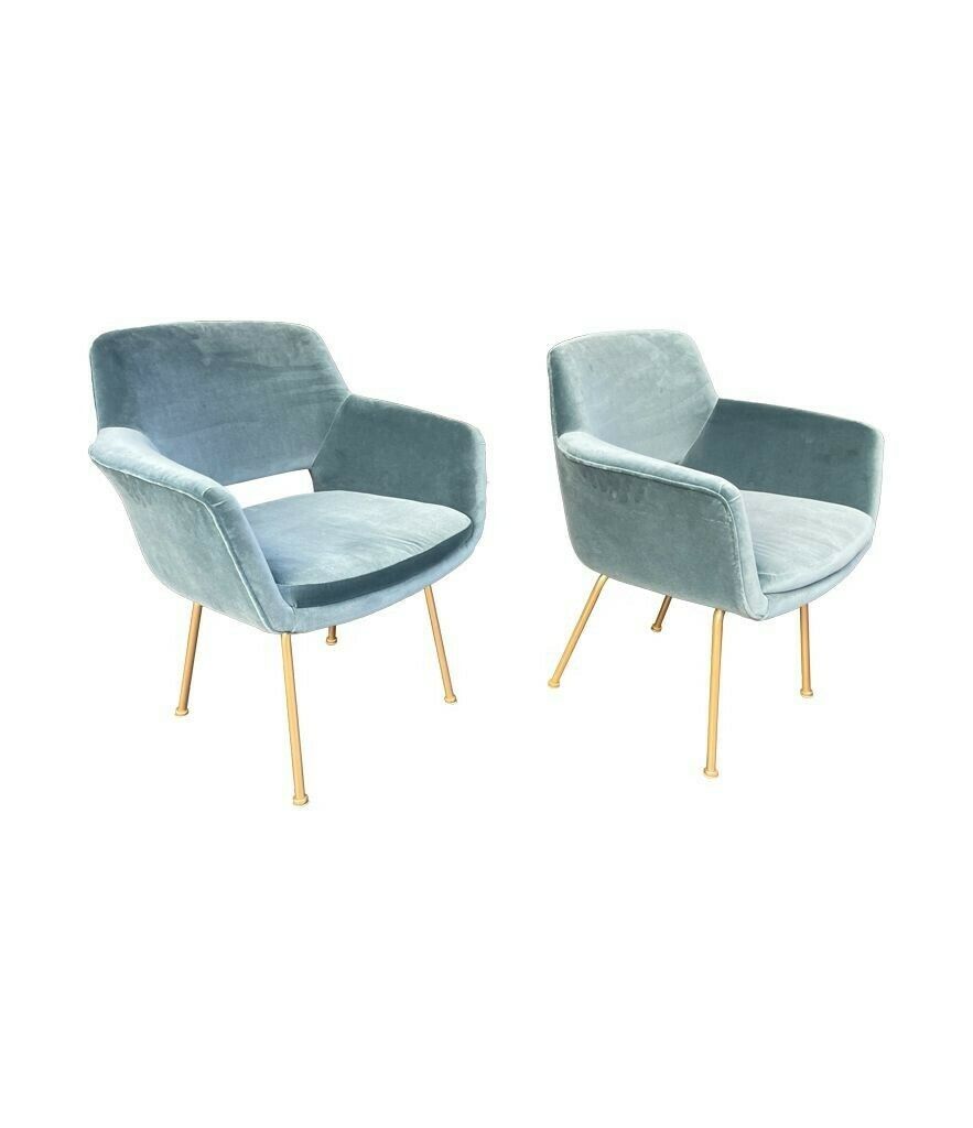A Set Of Four Italian 1970s Chairs With Gilt Metal Legs In Blue Velvet Fabric photo for sale